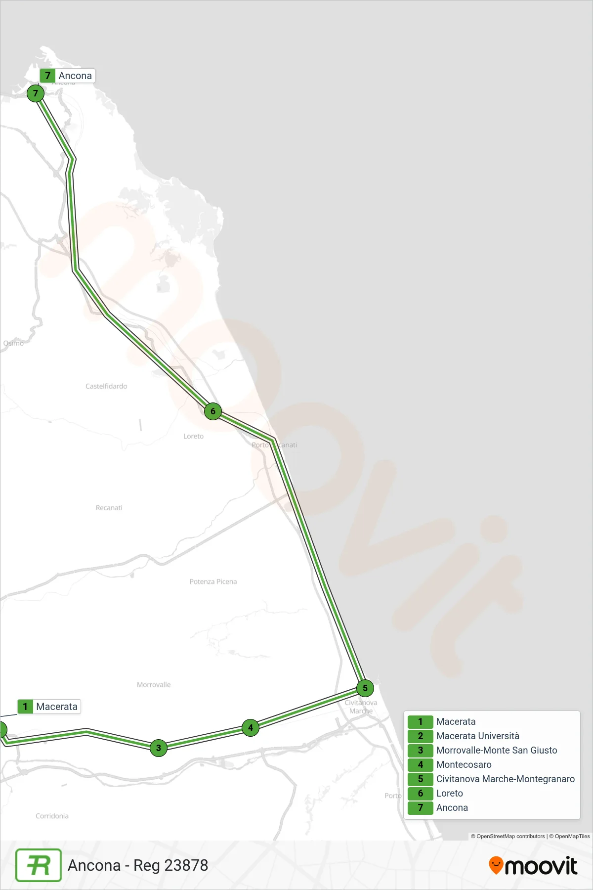 Linea REG treno (Ancona - Reg 23878) - Percorsi e fermate sulla mappa
