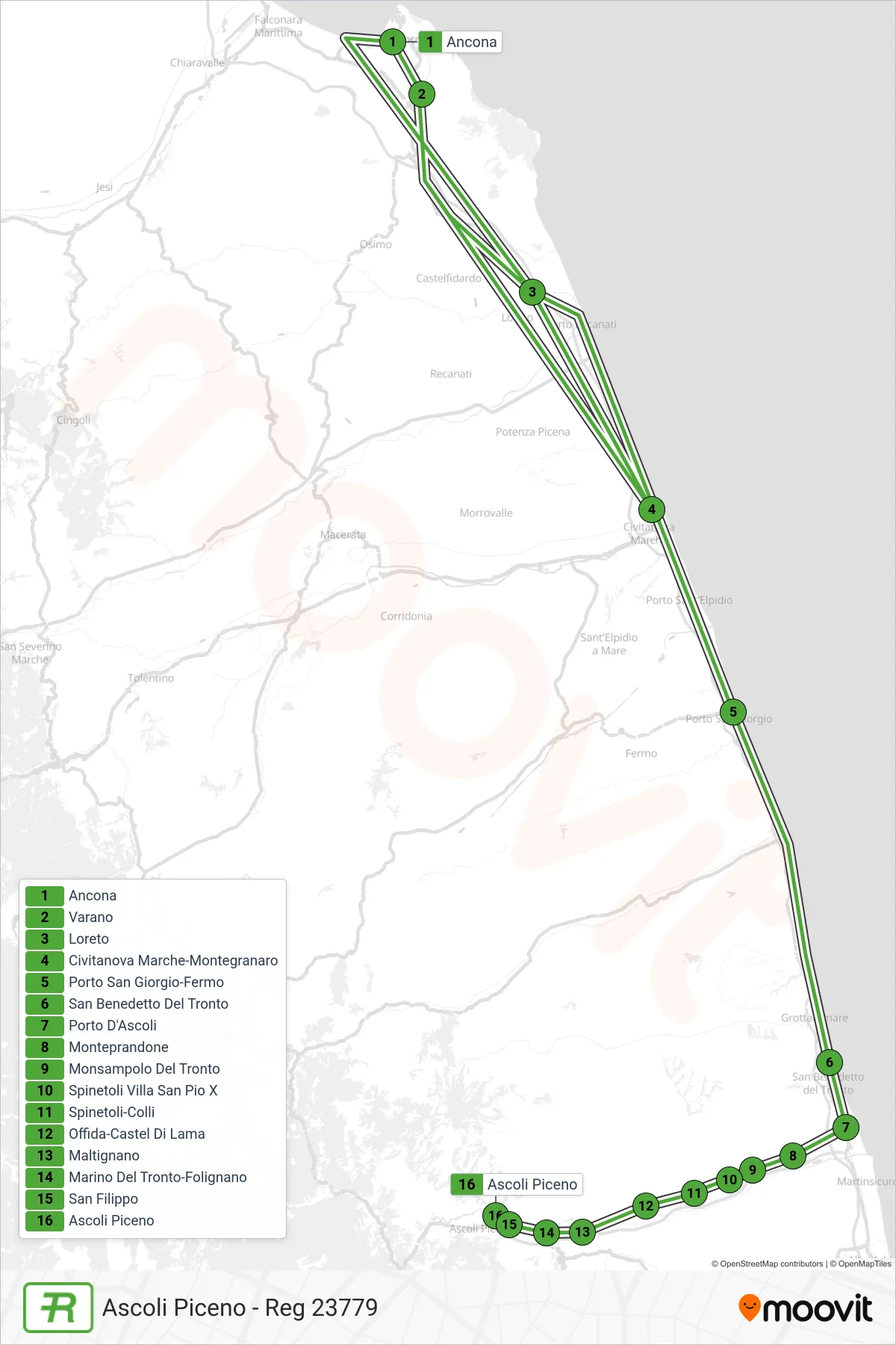 Linea REG treno (Ascoli Piceno - Reg 23779) - Percorsi e fermate sulla mappa