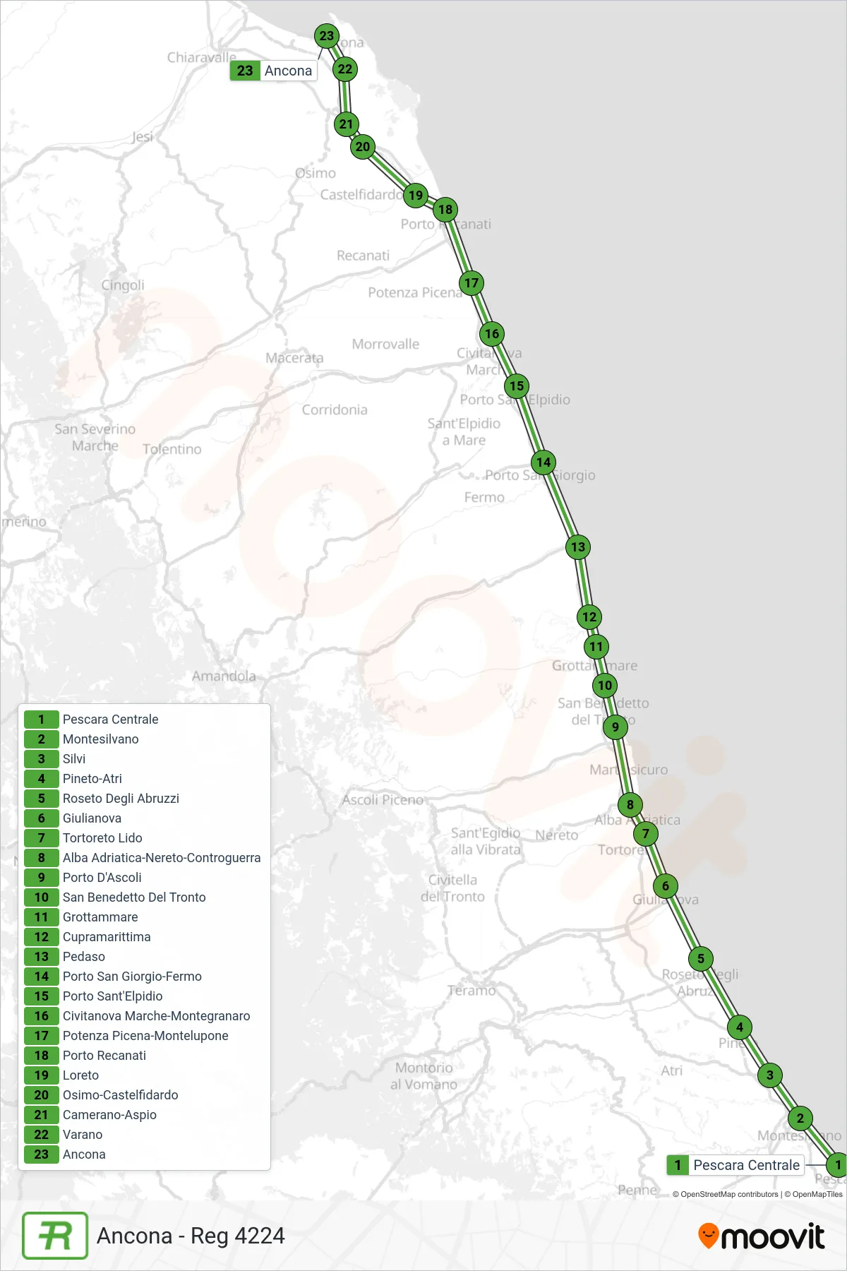 Linea REG treno (Ancona - Reg 4224) - Percorsi e fermate sulla mappa