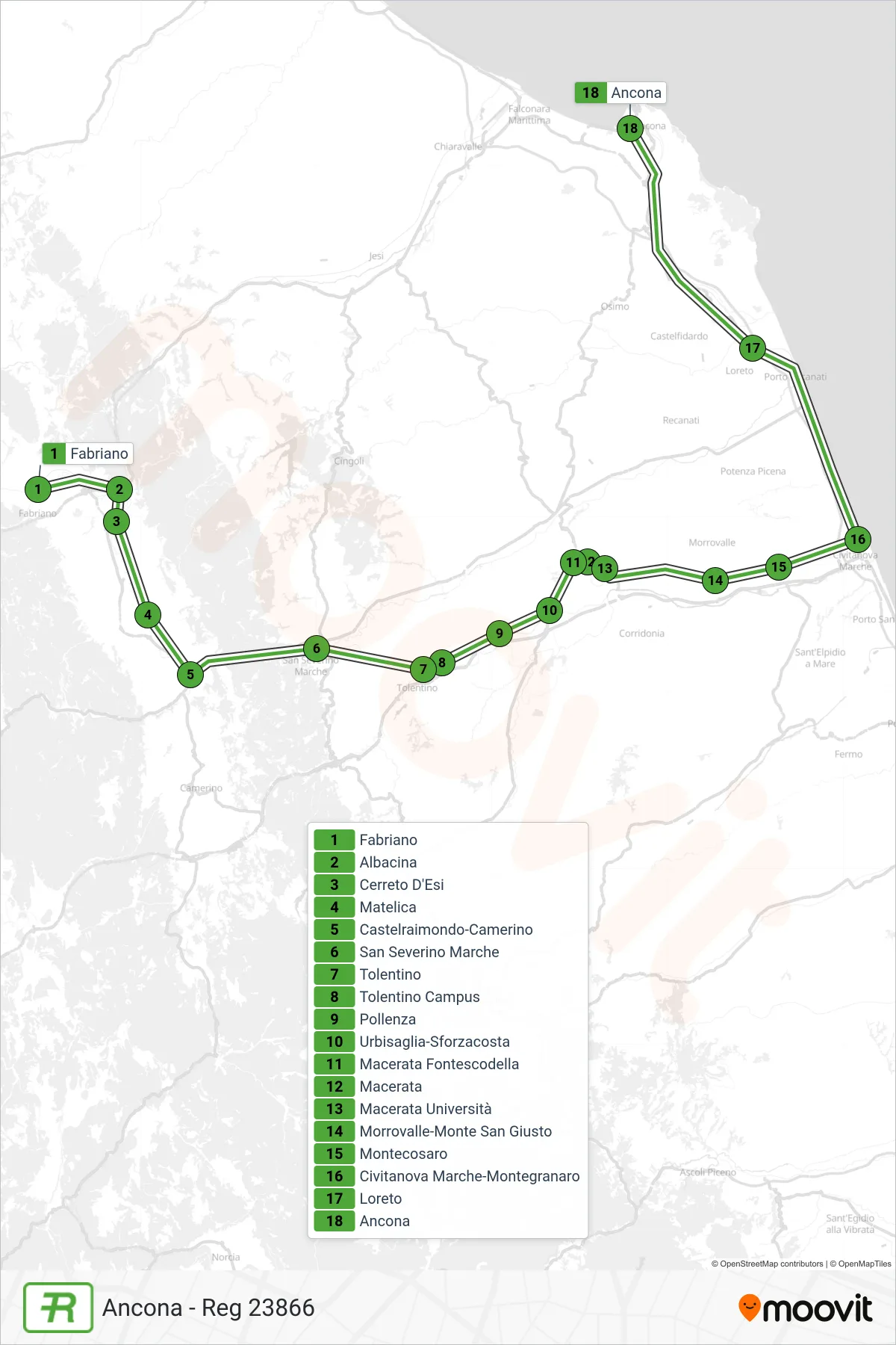 Linea REG treno (Ancona - Reg 23866) - Percorsi e fermate sulla mappa