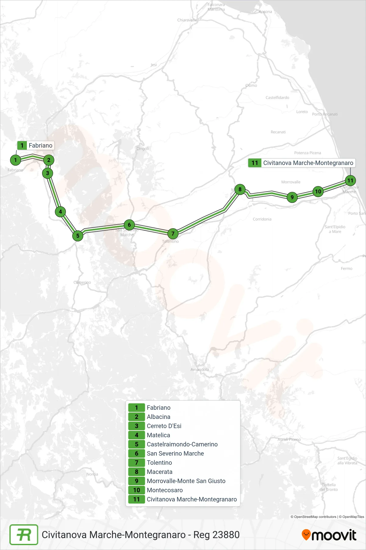 Linea REG  treno (Civitanova Marche-Montegranaro - Reg 23880) - Percorsi e fermate sulla mappa