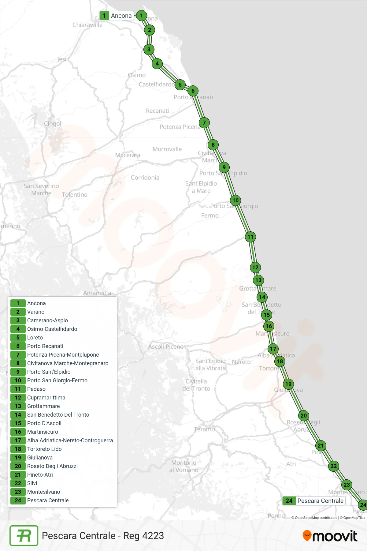 Linea REG  treno (Pescara Centrale - Reg 4223) - Percorsi e fermate sulla mappa