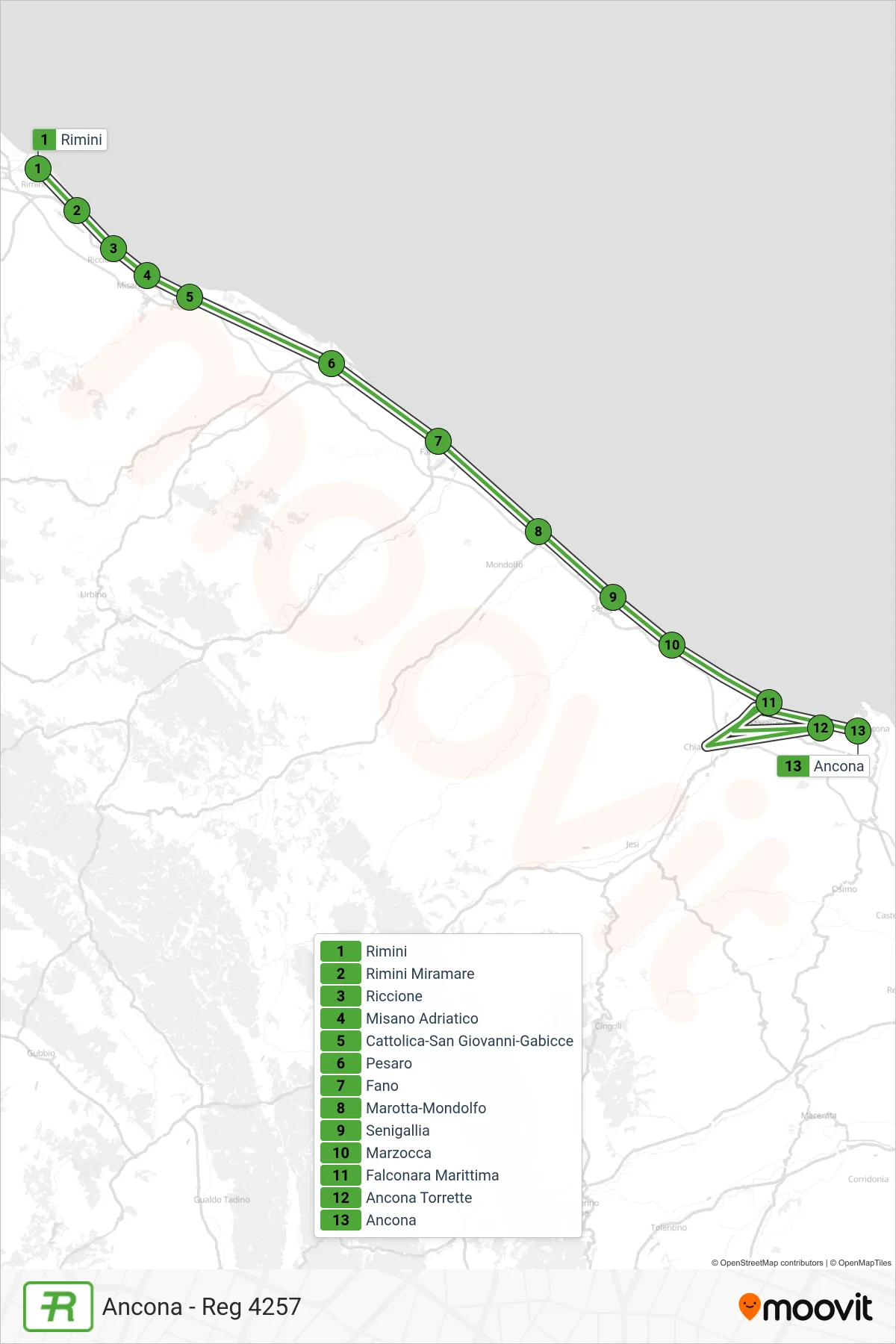 Linea REG treno (Ancona - Reg 4257) - Percorsi e fermate sulla mappa