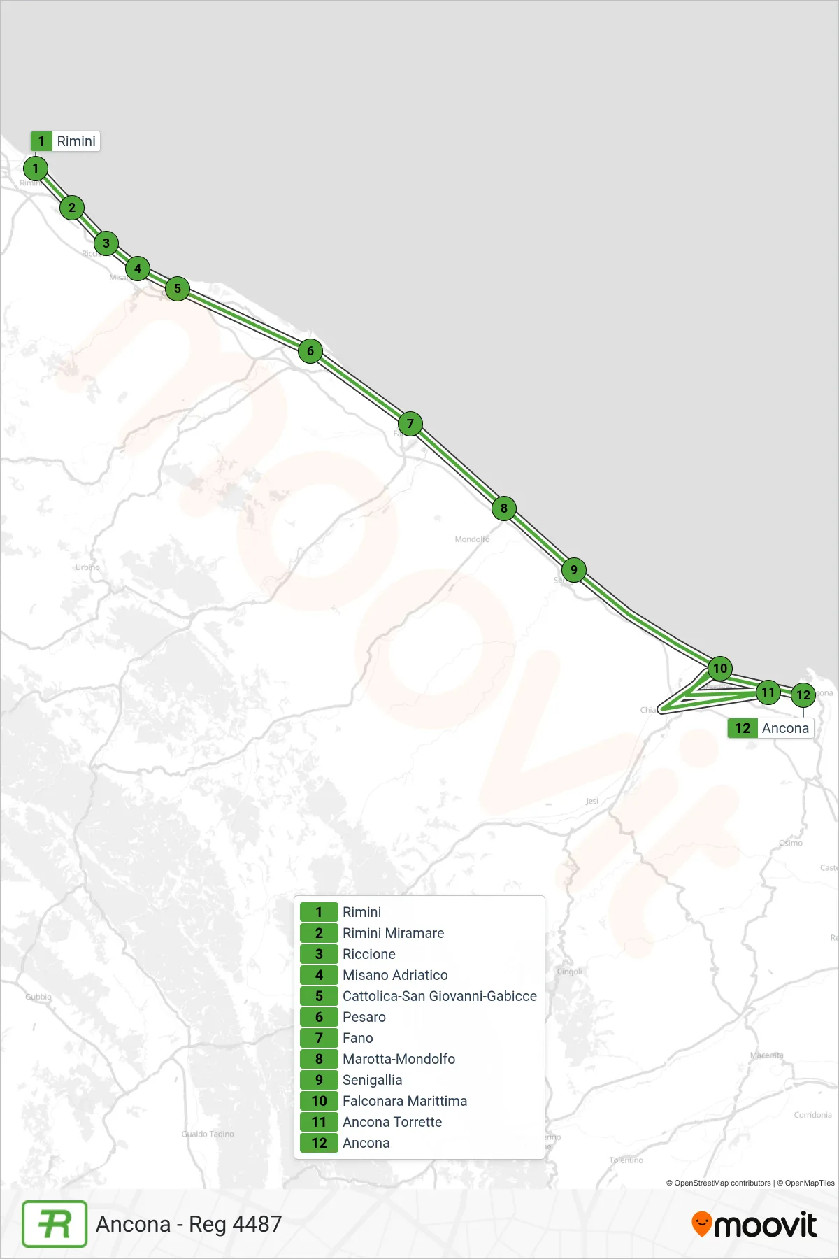 Linea REG treno (Ancona - Reg 4487) - Percorsi e fermate sulla mappa