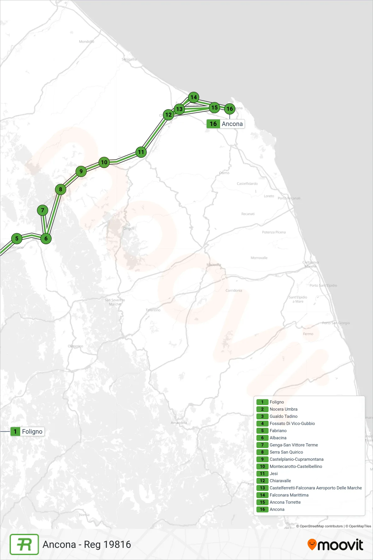 Linea REG  treno (Ancona - Reg 19816) - Percorsi e fermate sulla mappa