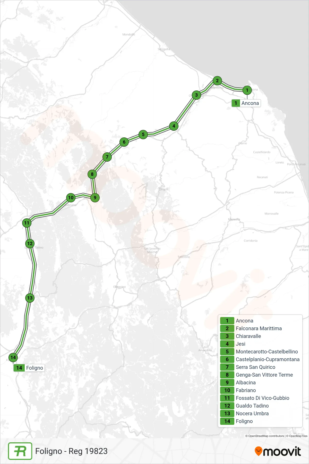 Linea REG treno (Foligno - Reg 19823) - Percorsi e fermate sulla mappa