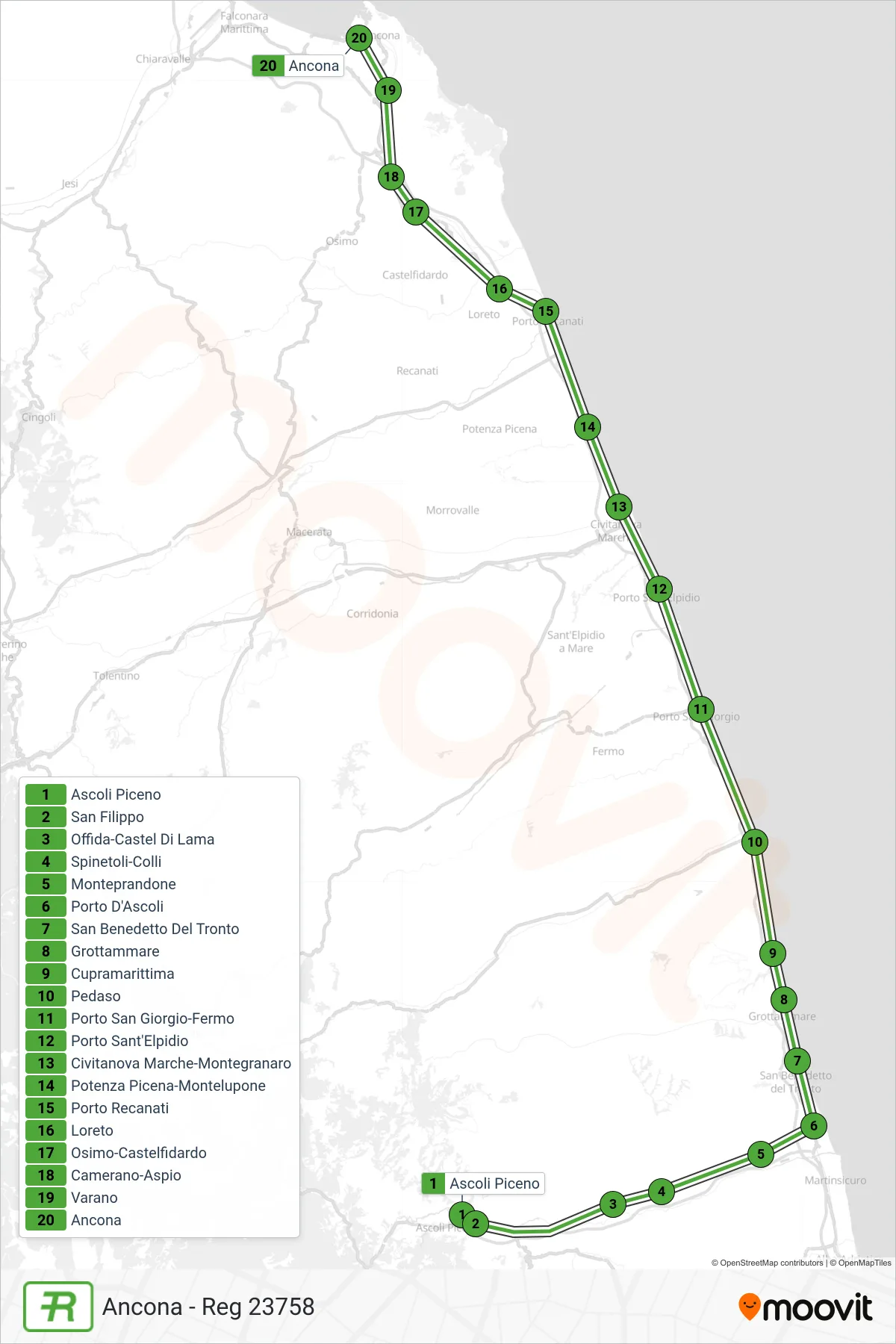 Linea REG treno (Ancona - Reg 23758) - Percorsi e fermate sulla mappa