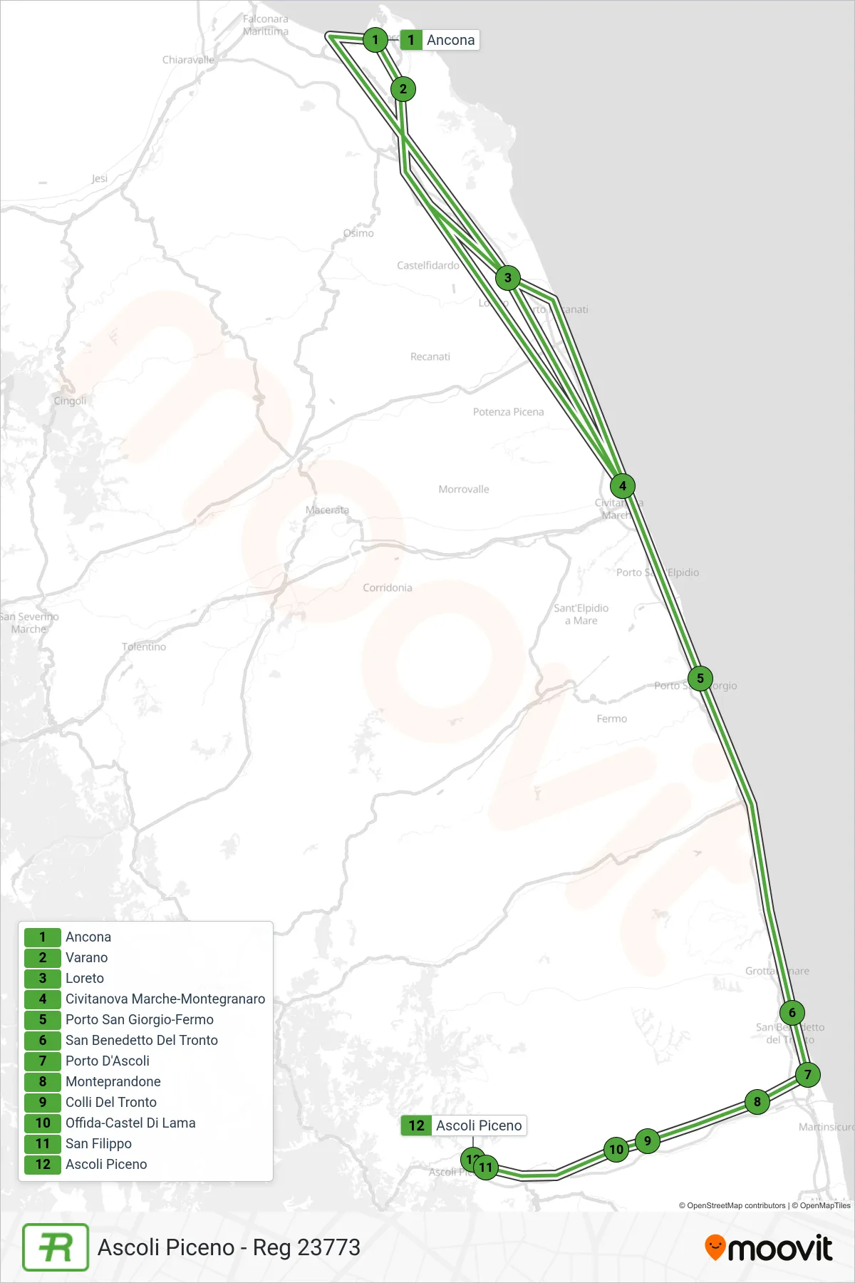 Linea REG treno (Ascoli Piceno - Reg 23773) - Percorsi e fermate sulla mappa