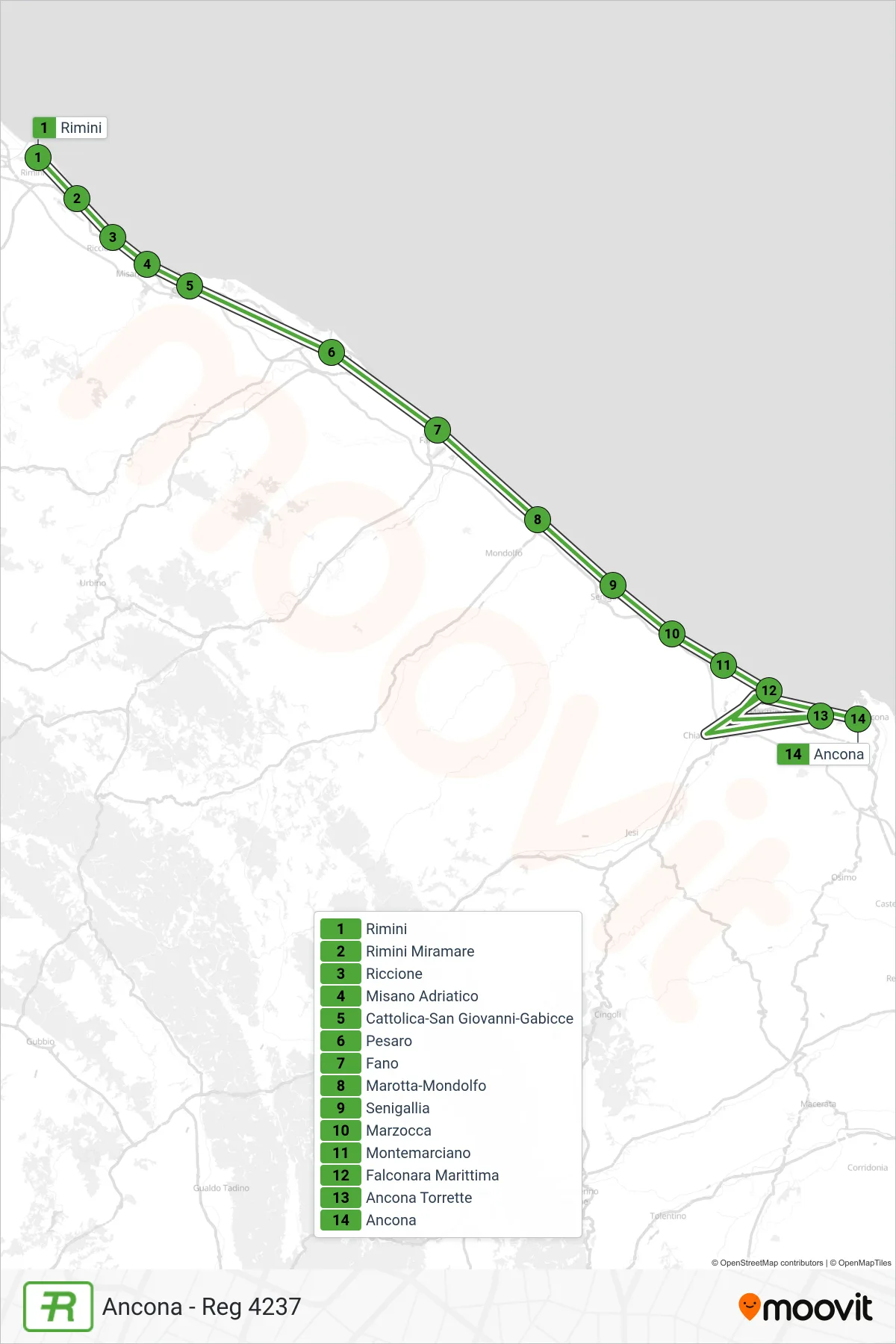 Linea REG treno (Ancona - Reg 4237) - Percorsi e fermate sulla mappa