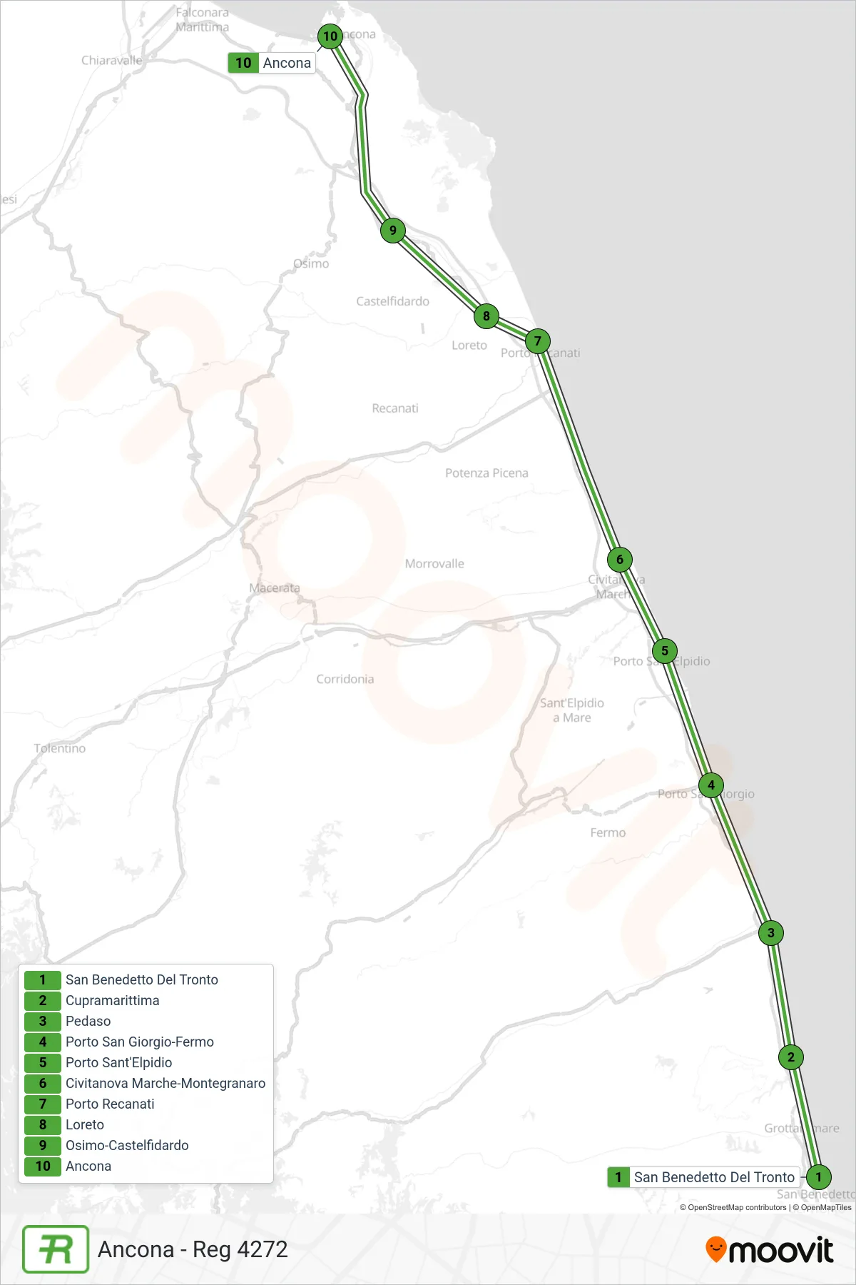 Linea REG treno (Ancona - Reg 4272) - Percorsi e fermate sulla mappa