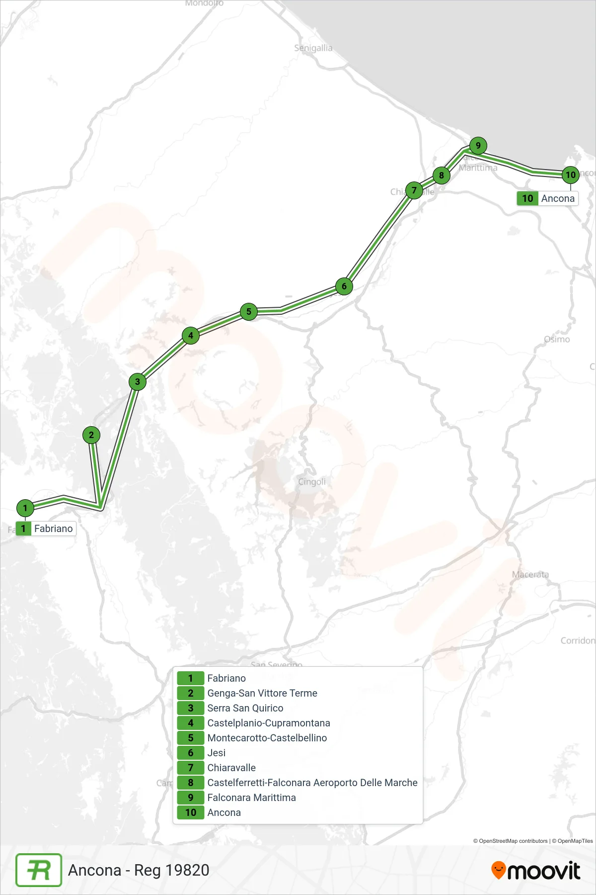 Linea REG  treno (Ancona - Reg 19820) - Percorsi e fermate sulla mappa