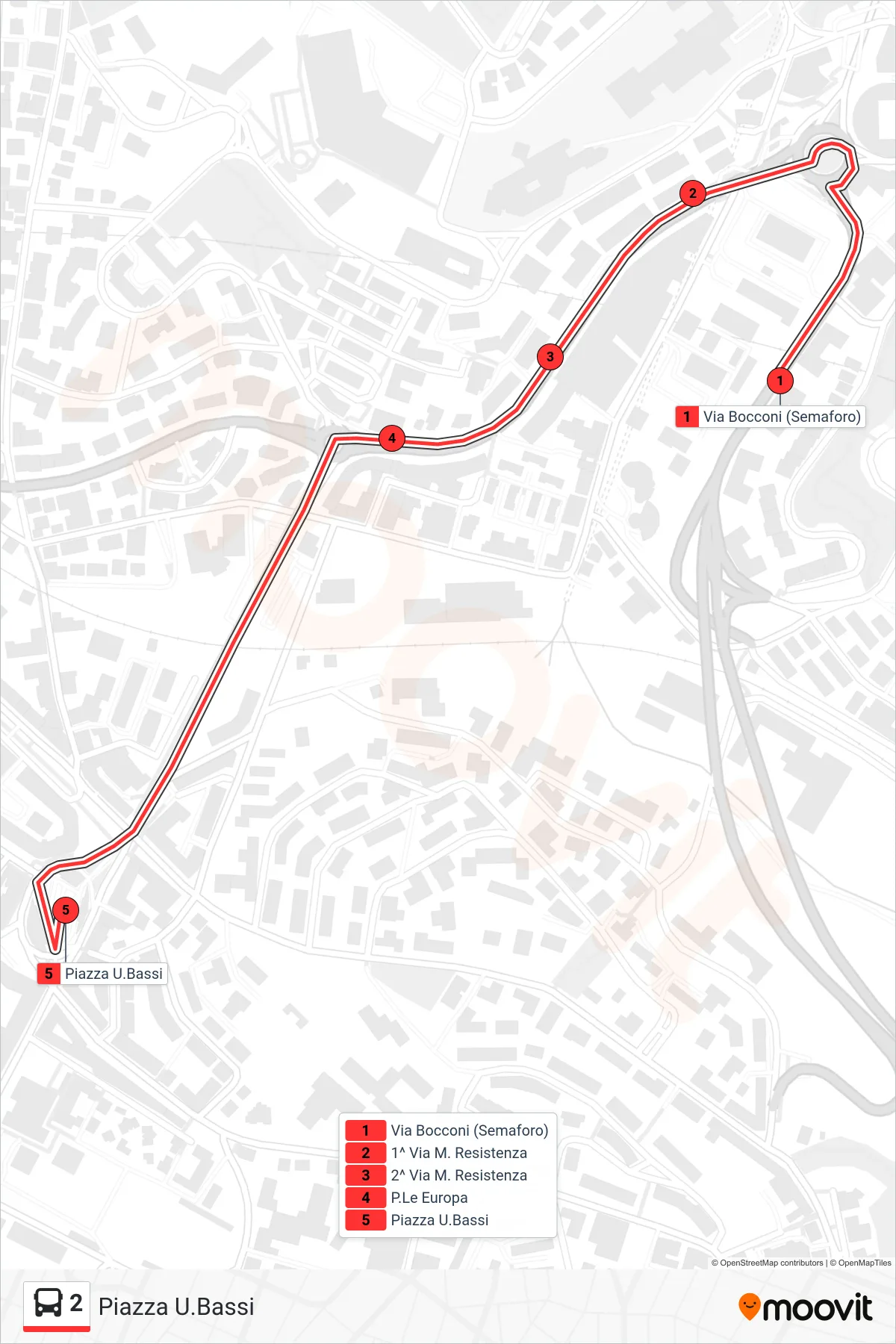Linea 2  bus (Piazza U.Bassi) - Percorsi e fermate sulla mappa
