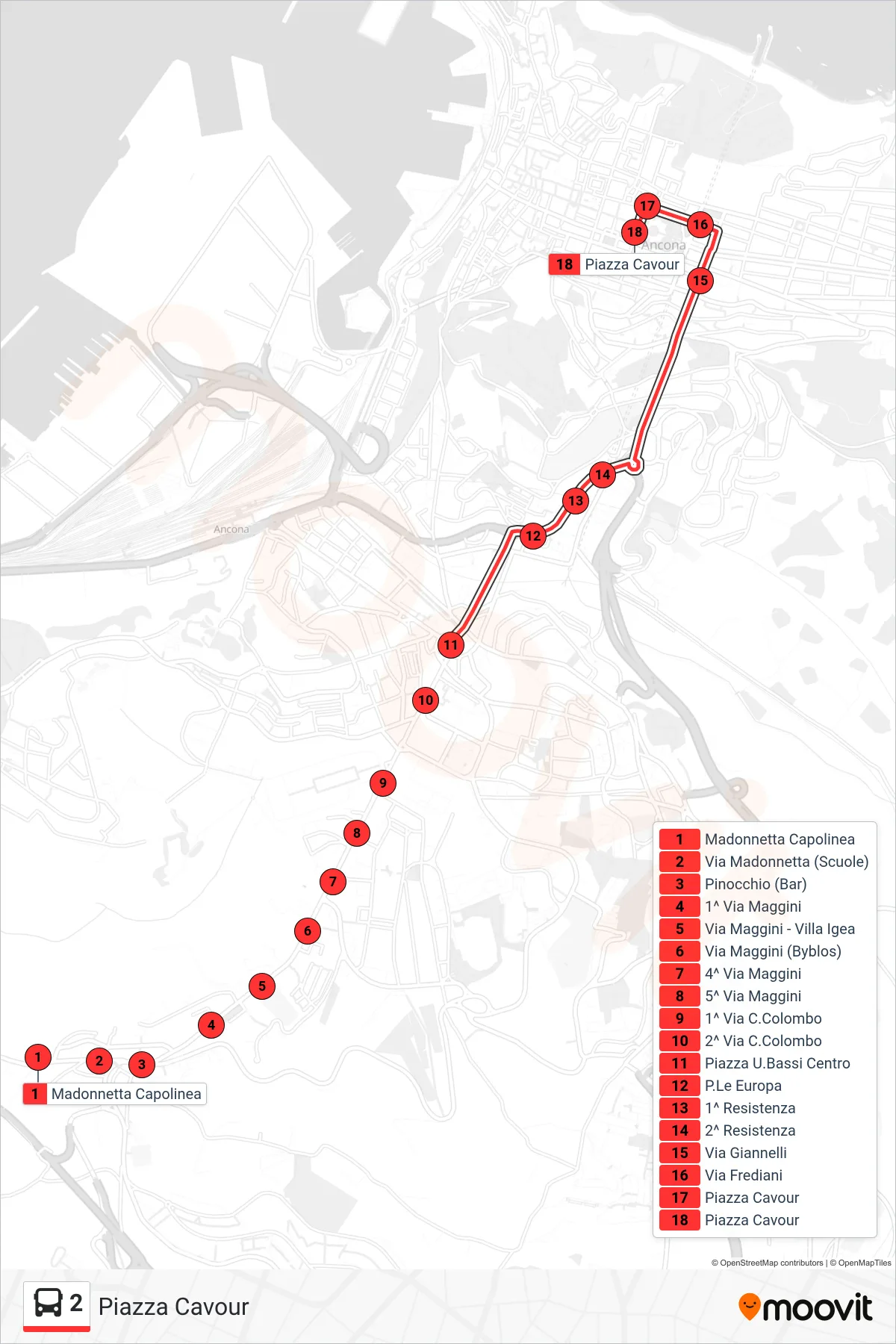 Linea 2 bus (Piazza Cavour) - Percorsi e fermate sulla mappa