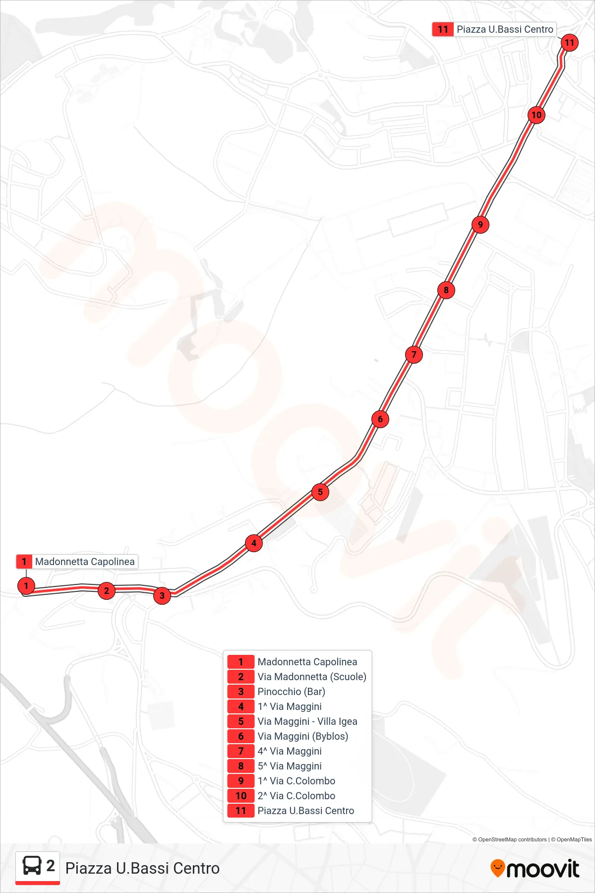 Linea 2  bus (Piazza U.Bassi Centro) - Percorsi e fermate sulla mappa