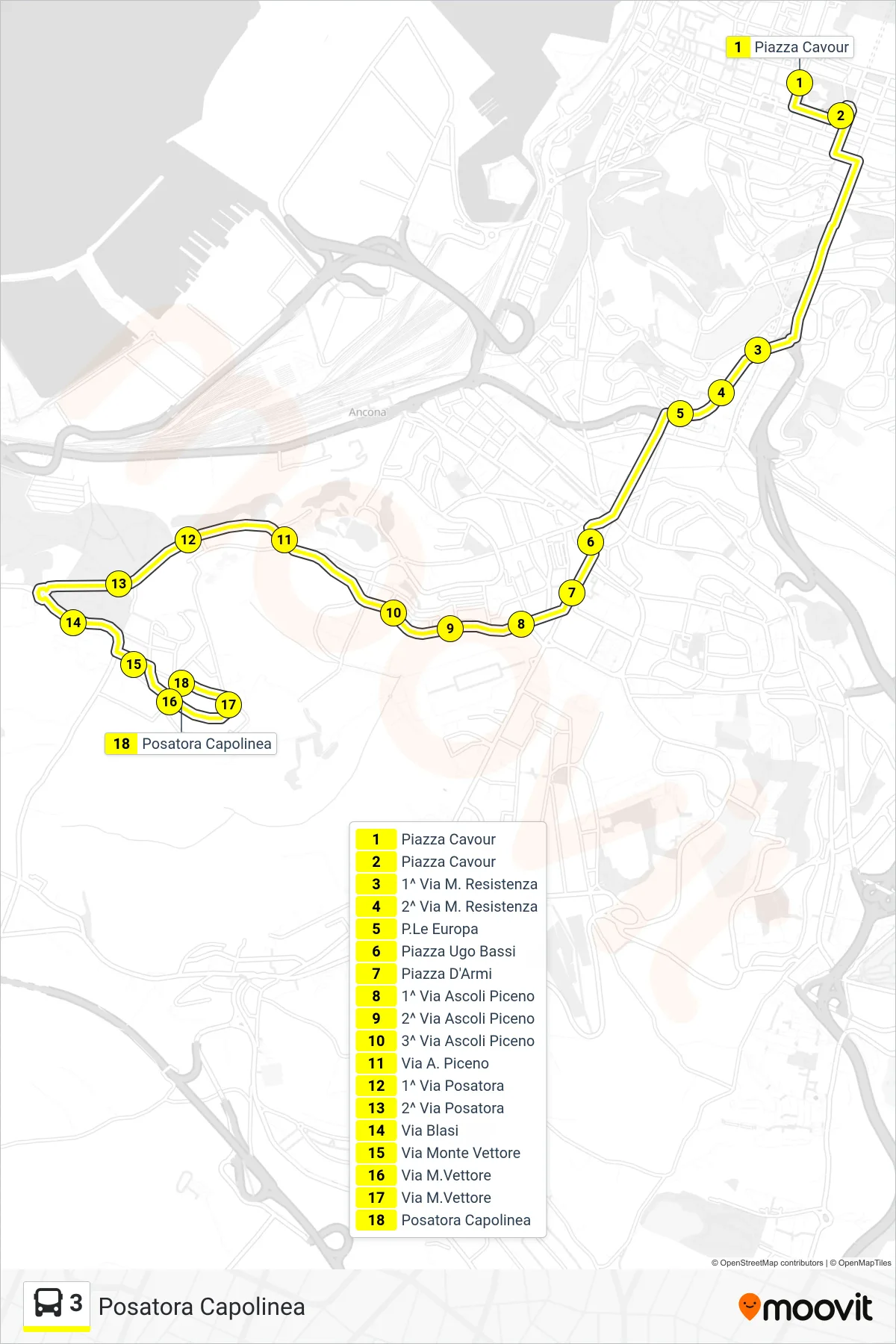 Linea 3  bus (Posatora Capolinea) - Percorsi e fermate sulla mappa