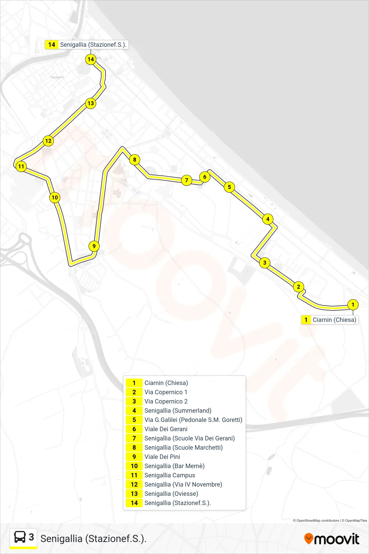 Linea 3 bus (Senigallia (Stazionef.S.).) - Percorsi e fermate sulla mappa