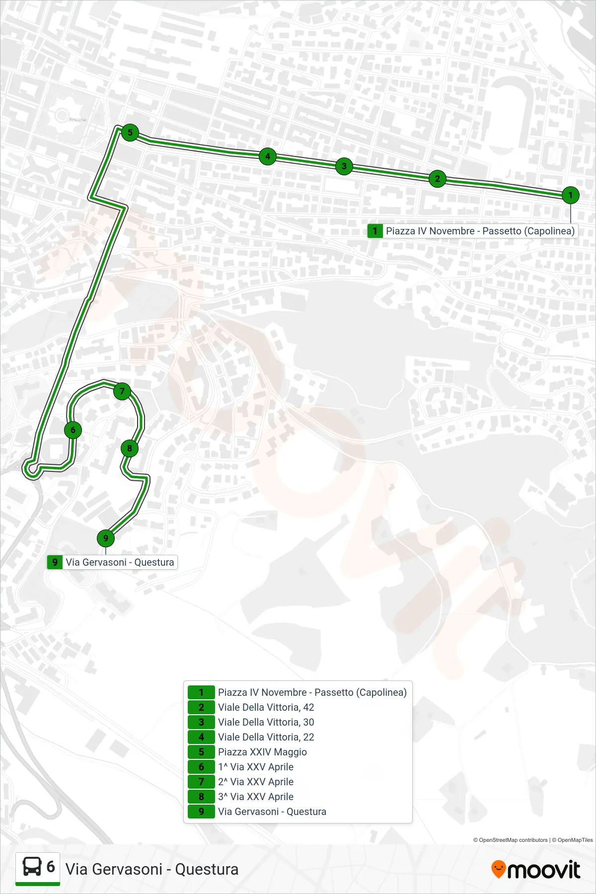 Linea 6  bus (Via Gervasoni - Questura) - Percorsi e fermate sulla mappa