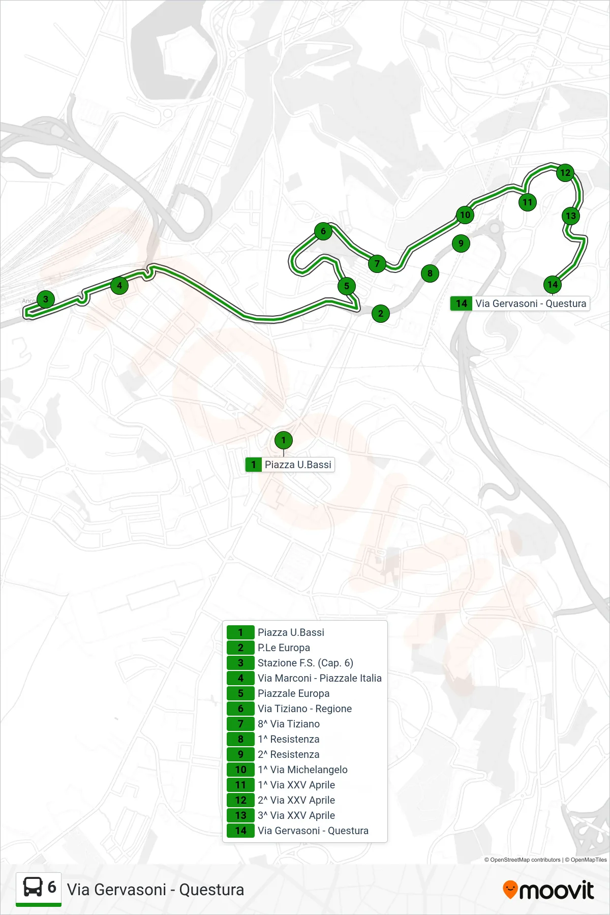 Linea 6 bus (Via Gervasoni - Questura) - Percorsi e fermate sulla mappa