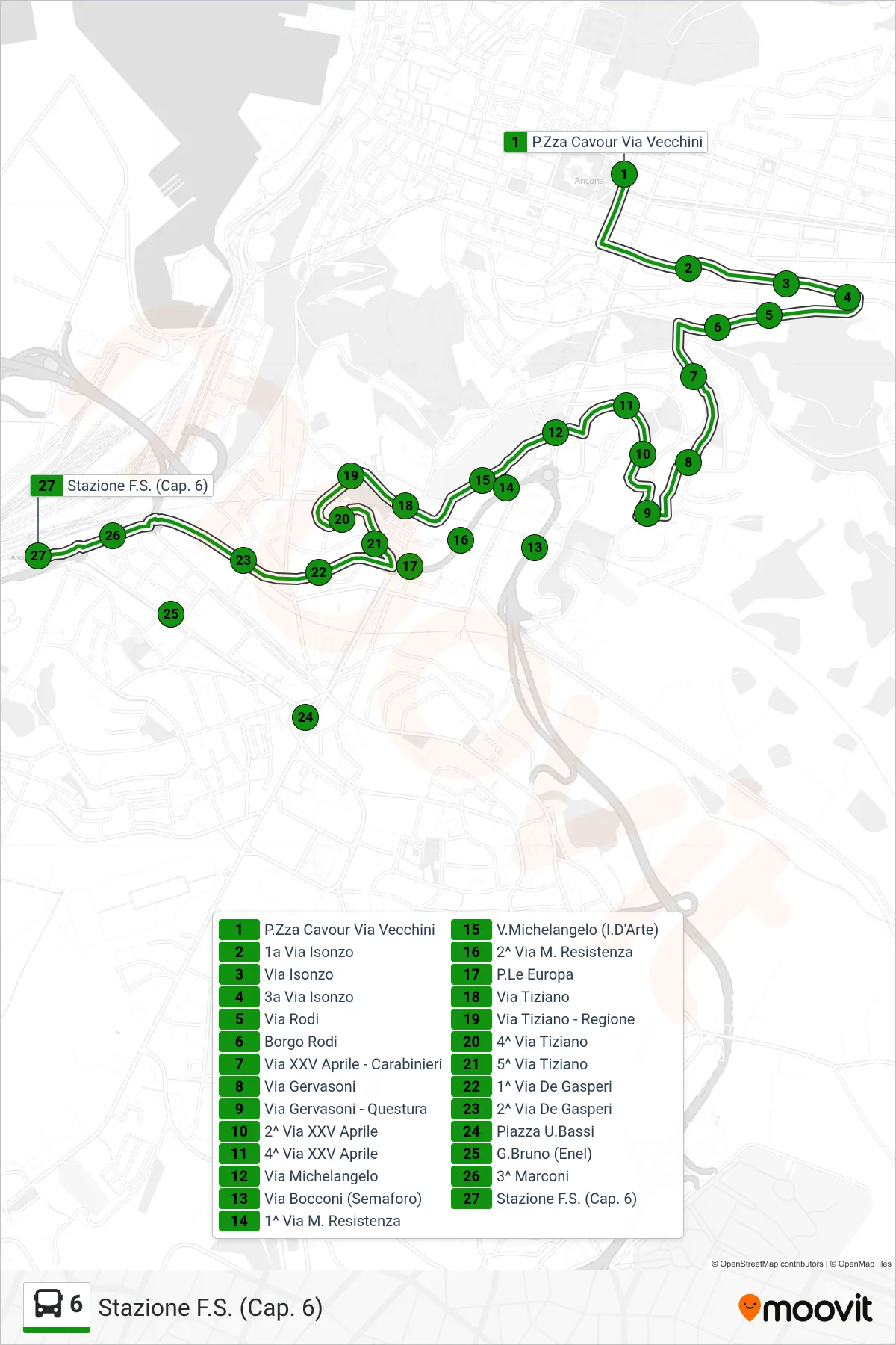 Linea 6 bus (Stazione F.S. (Cap. 6)) - Percorsi e fermate sulla mappa
