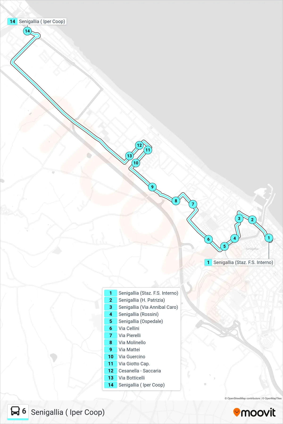 Linea 6  bus (Senigallia ( Iper Coop)) - Percorsi e fermate sulla mappa