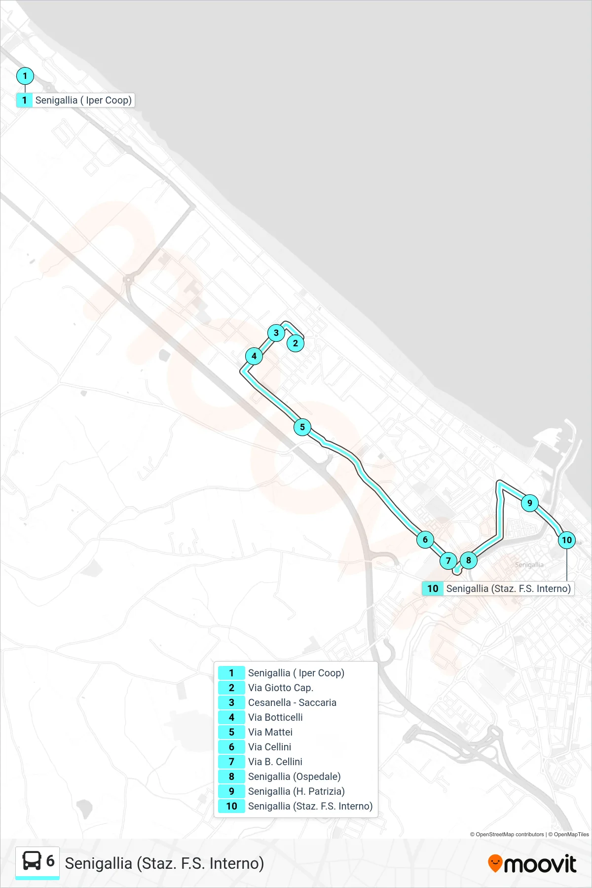 Linea 6  bus (Senigallia (Staz. F.S. Interno)) - Percorsi e fermate sulla mappa