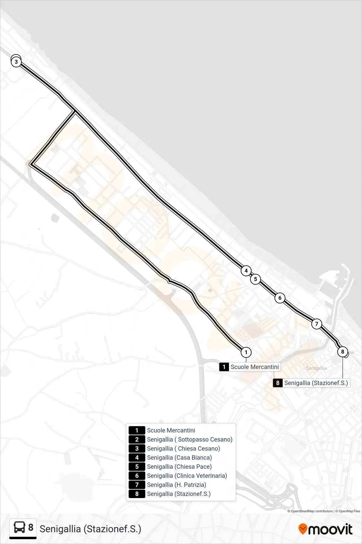 Linea 8  bus (Senigallia (Stazionef.S.)) - Percorsi e fermate sulla mappa