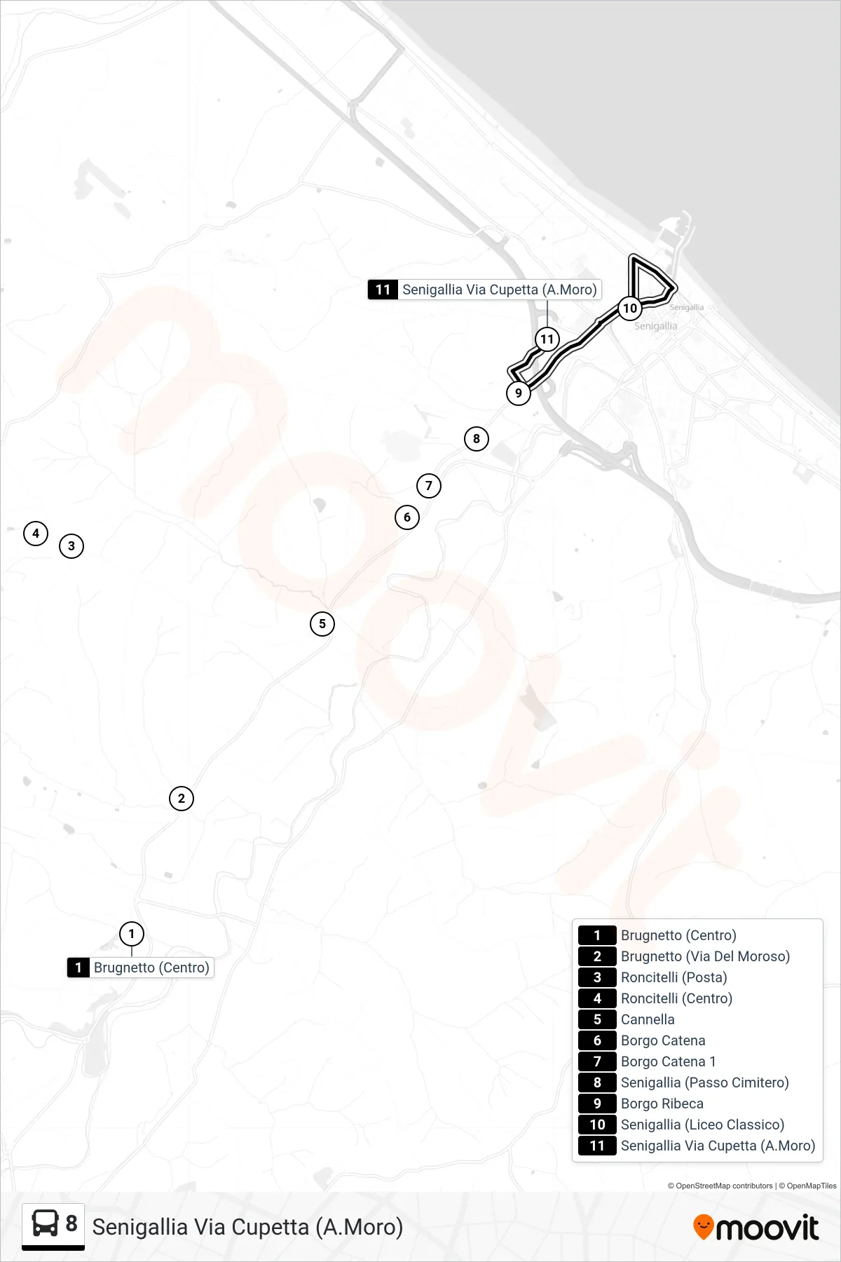 Linea 8 bus (Senigallia Via Cupetta (A.Moro)) - Percorsi e fermate sulla mappa