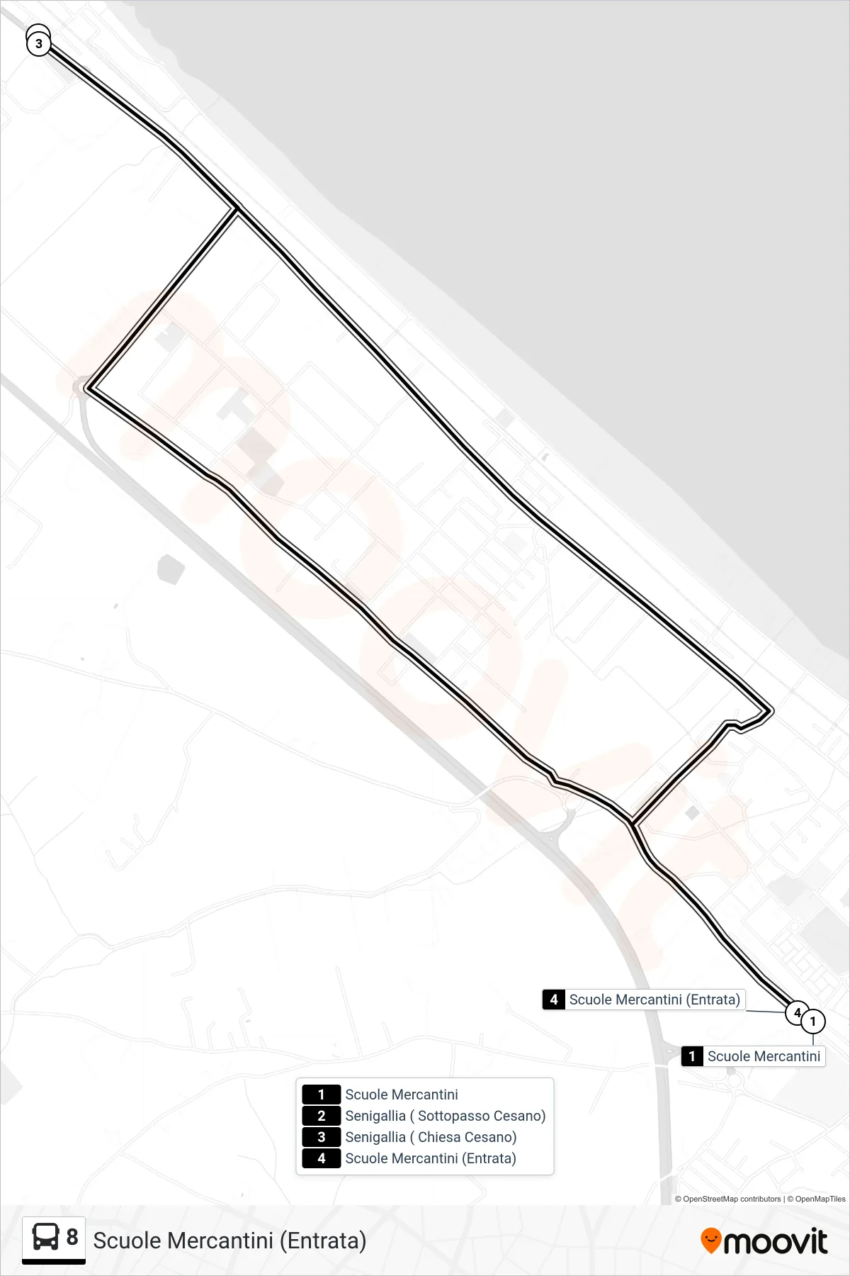 Linea 8 bus (Scuole Mercantini (Entrata)) - Percorsi e fermate sulla mappa
