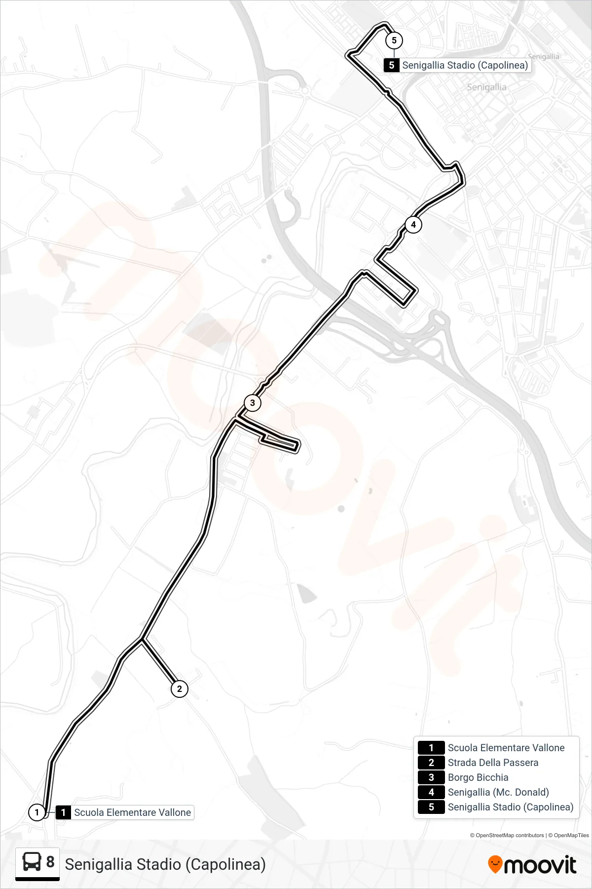 Linea 8 bus (Senigallia Stadio (Capolinea)) - Percorsi e fermate sulla mappa