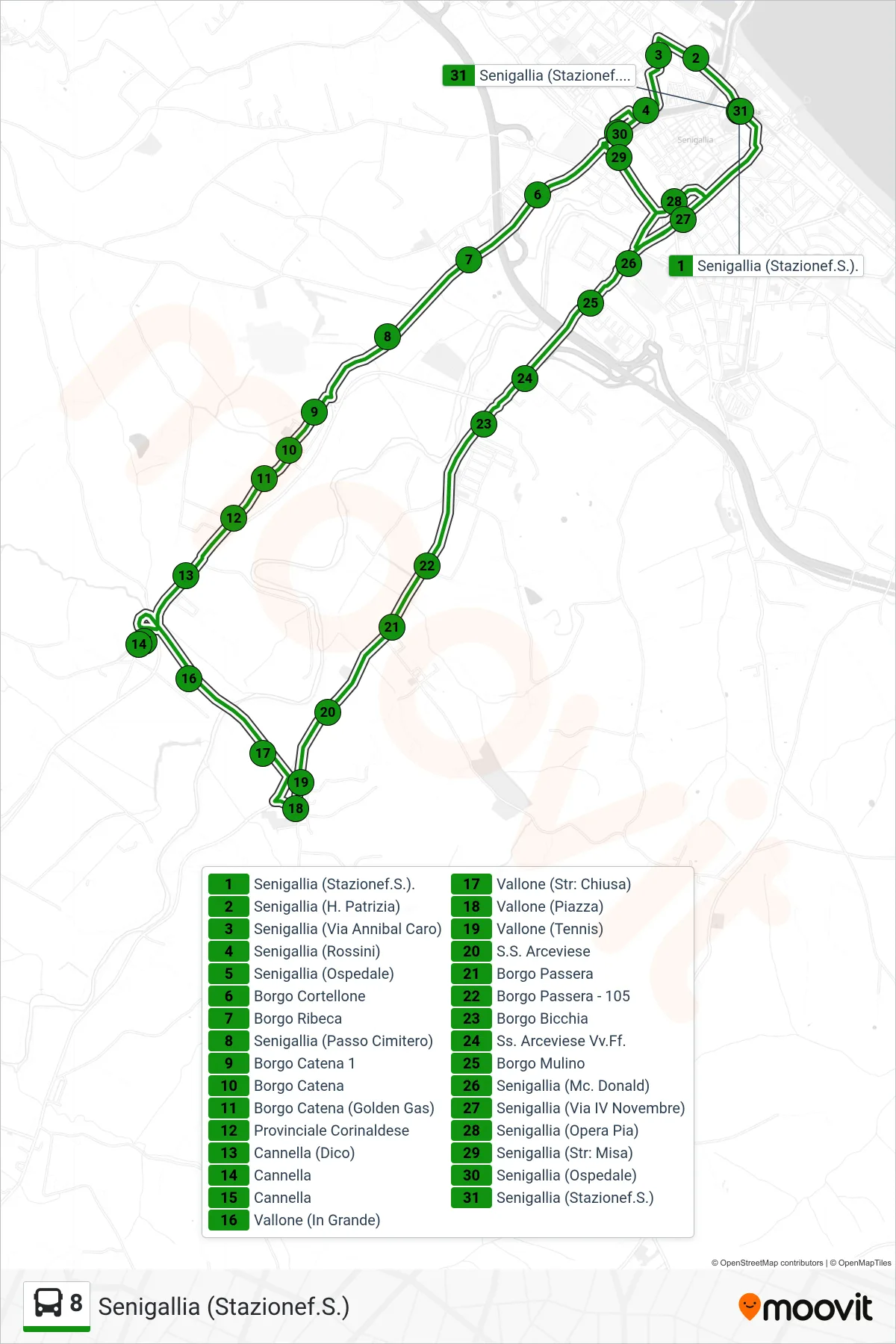 Linea 8  bus (Senigallia (Stazionef.S.)) - Percorsi e fermate sulla mappa