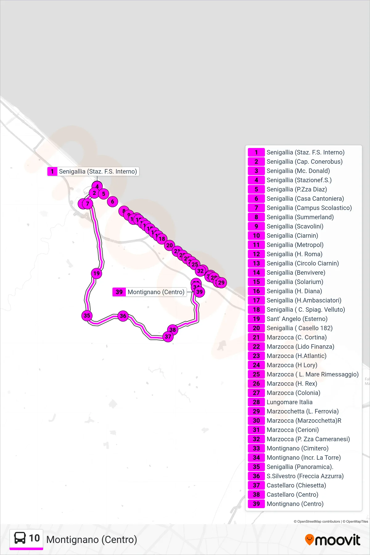 Linea 10  bus (Montignano (Centro)) - Percorsi e fermate sulla mappa