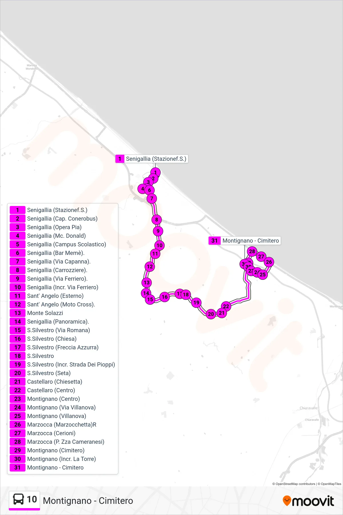 Linea 10  bus (Montignano - Cimitero) - Percorsi e fermate sulla mappa