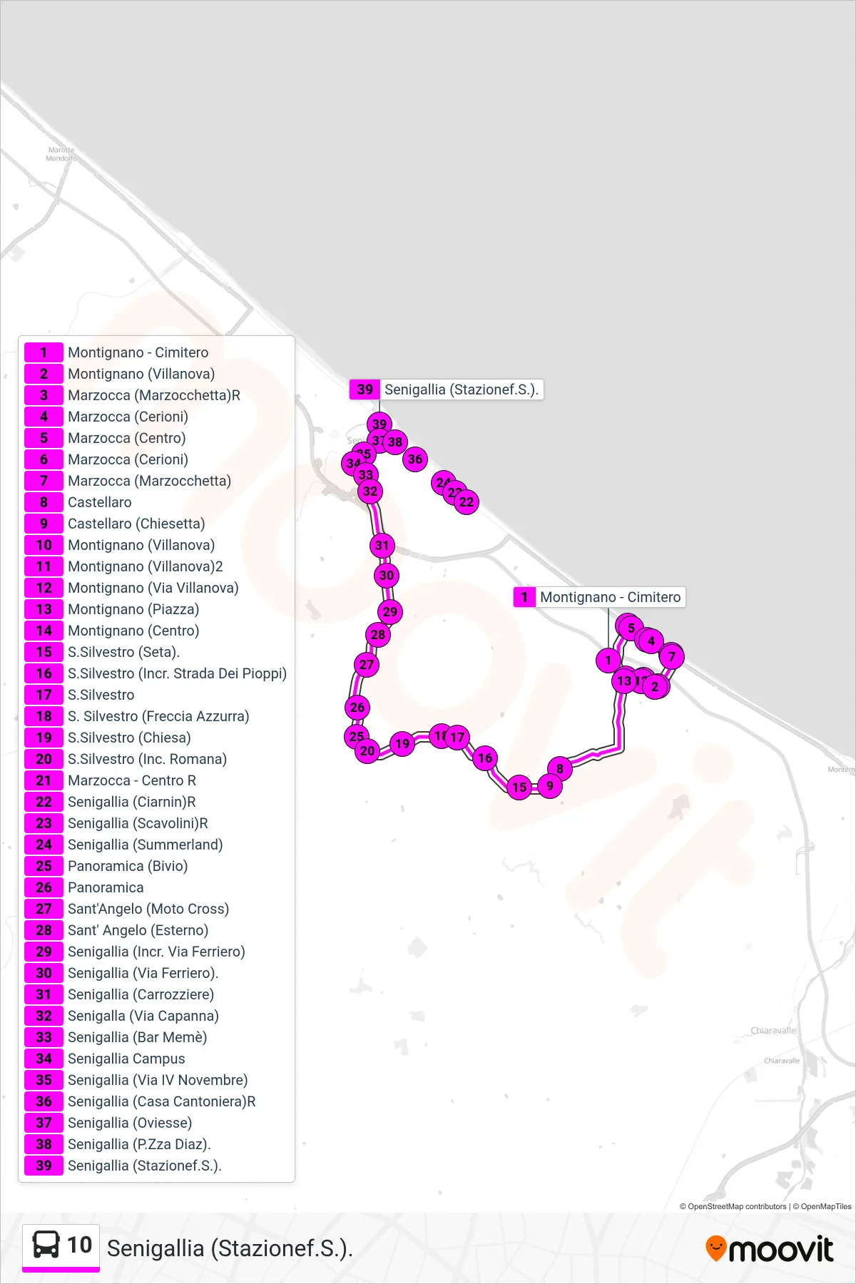 Linea 10 bus (Senigallia (Stazionef.S.).) - Percorsi e fermate sulla mappa