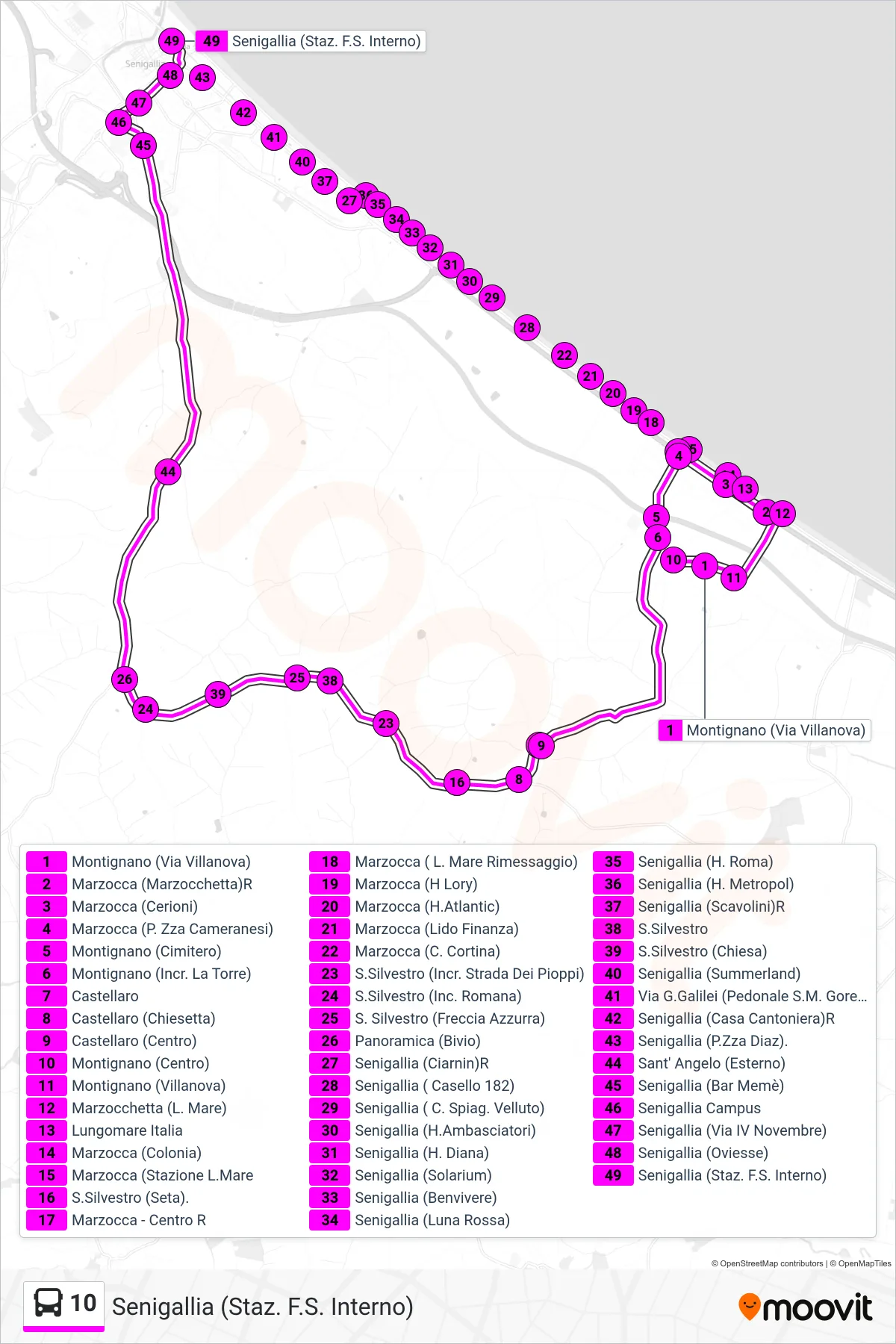 Linea 10 bus (Senigallia (Staz. F.S. Interno)) - Percorsi e fermate sulla mappa
