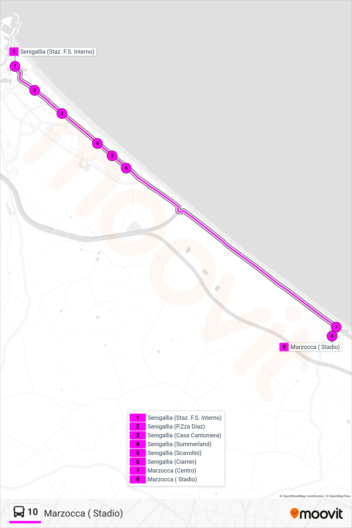 Linea 10  bus (Marzocca ( Stadio)) - Percorsi e fermate sulla mappa