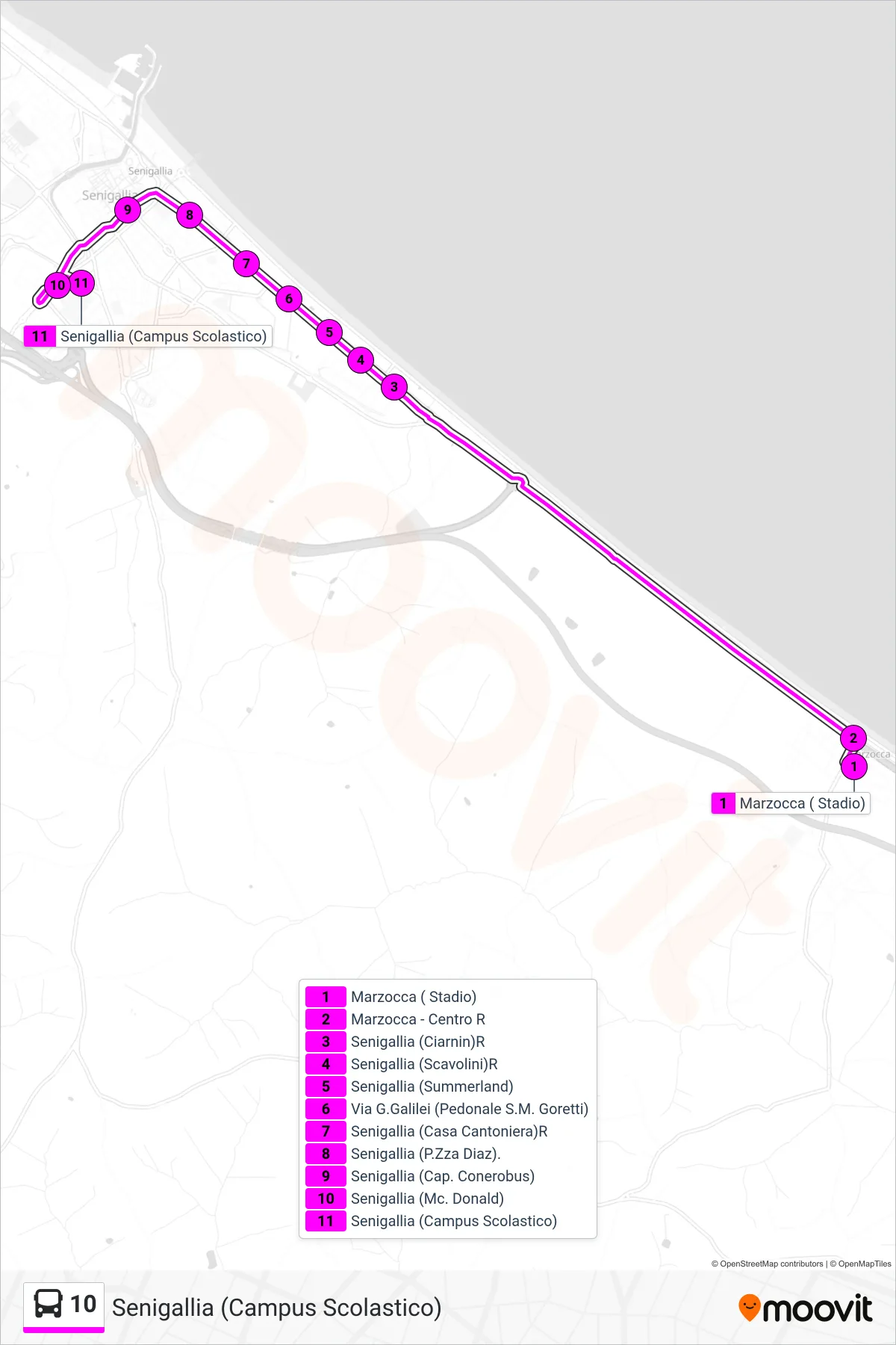 Linea 10  bus (Senigallia (Campus Scolastico)) - Percorsi e fermate sulla mappa