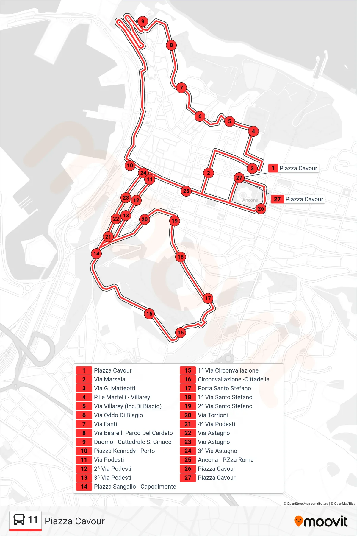 Linea 11  bus (Piazza Cavour) - Percorsi e fermate sulla mappa