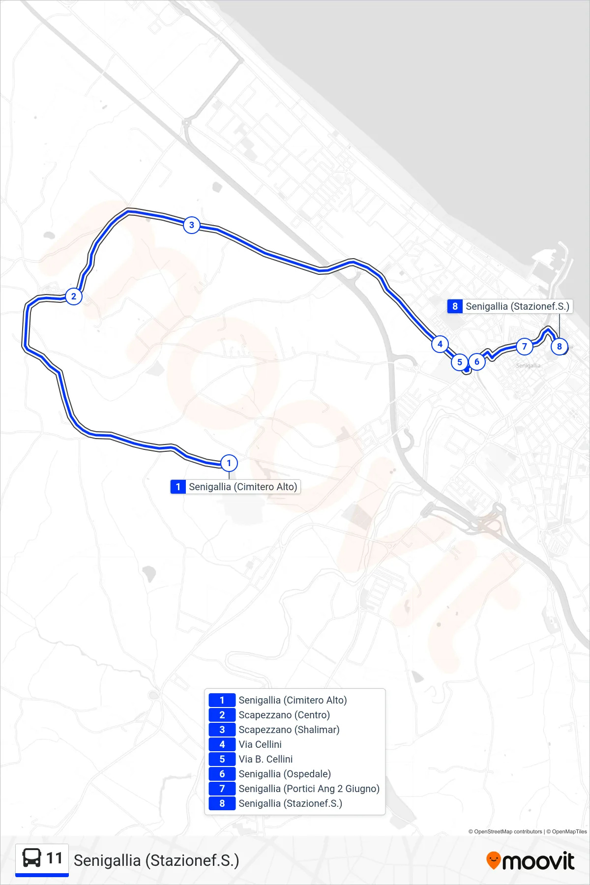Linea 11 bus (Senigallia (Stazionef.S.)) - Percorsi e fermate sulla mappa