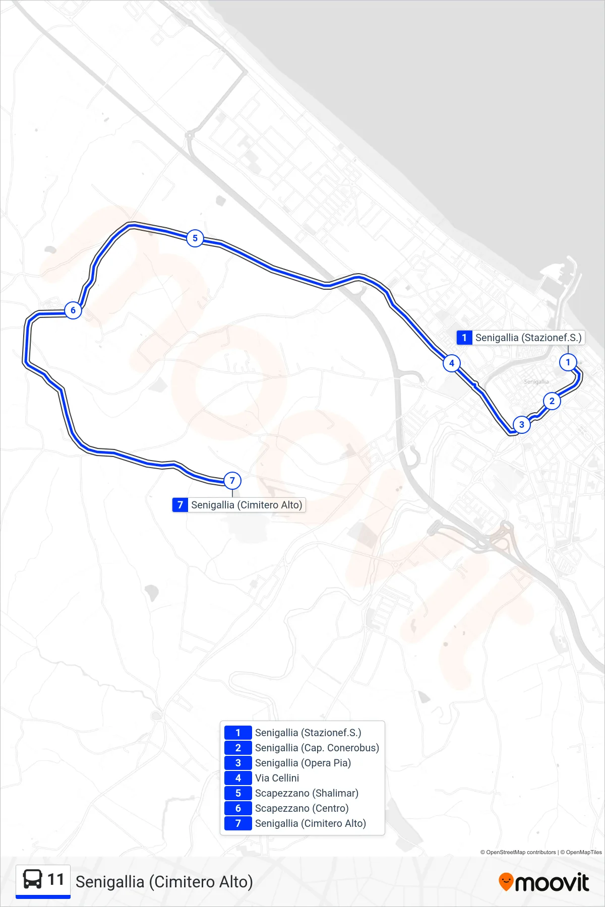 Linea 11 bus (Senigallia (Cimitero Alto)) - Percorsi e fermate sulla mappa