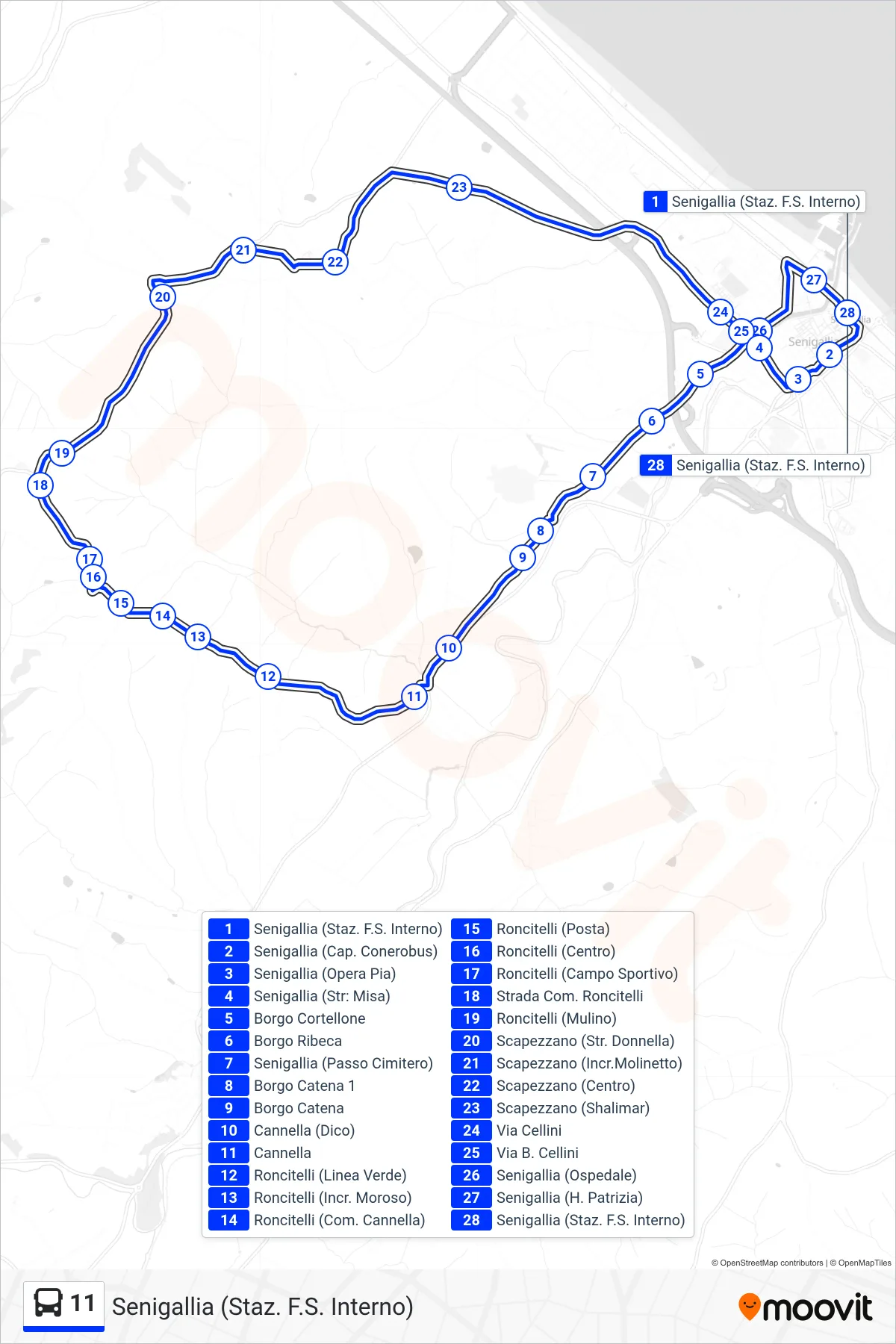 Linea 11 bus (Senigallia (Staz. F.S. Interno)) - Percorsi e fermate sulla mappa