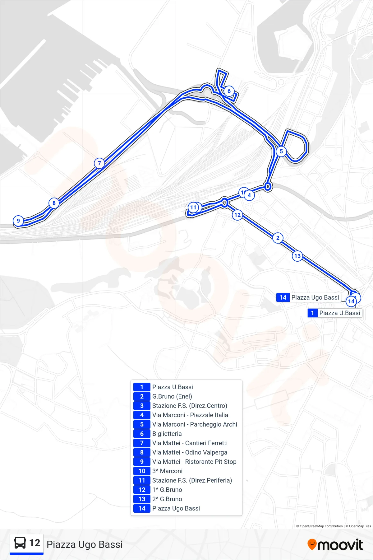 Linea 12  bus (Piazza Ugo Bassi) - Percorsi e fermate sulla mappa
