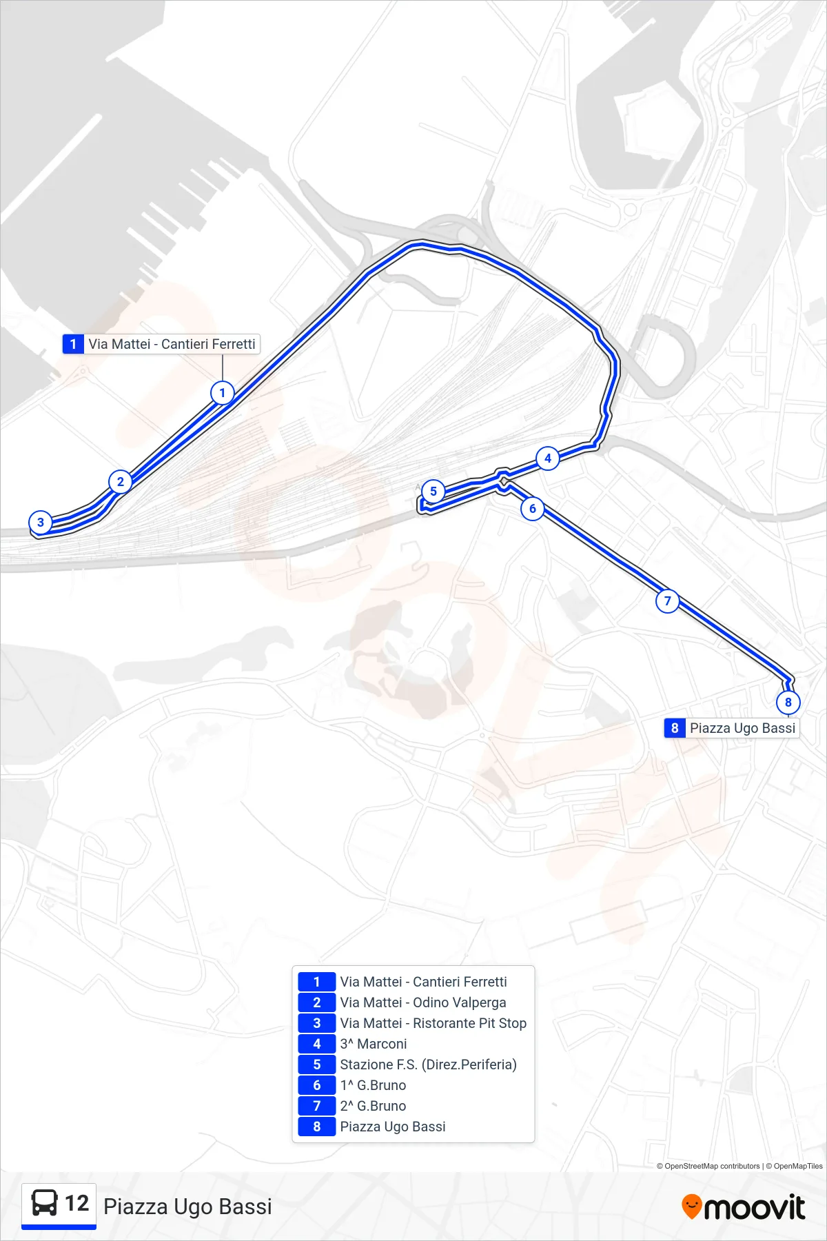 Linea 12  bus (Piazza Ugo Bassi) - Percorsi e fermate sulla mappa