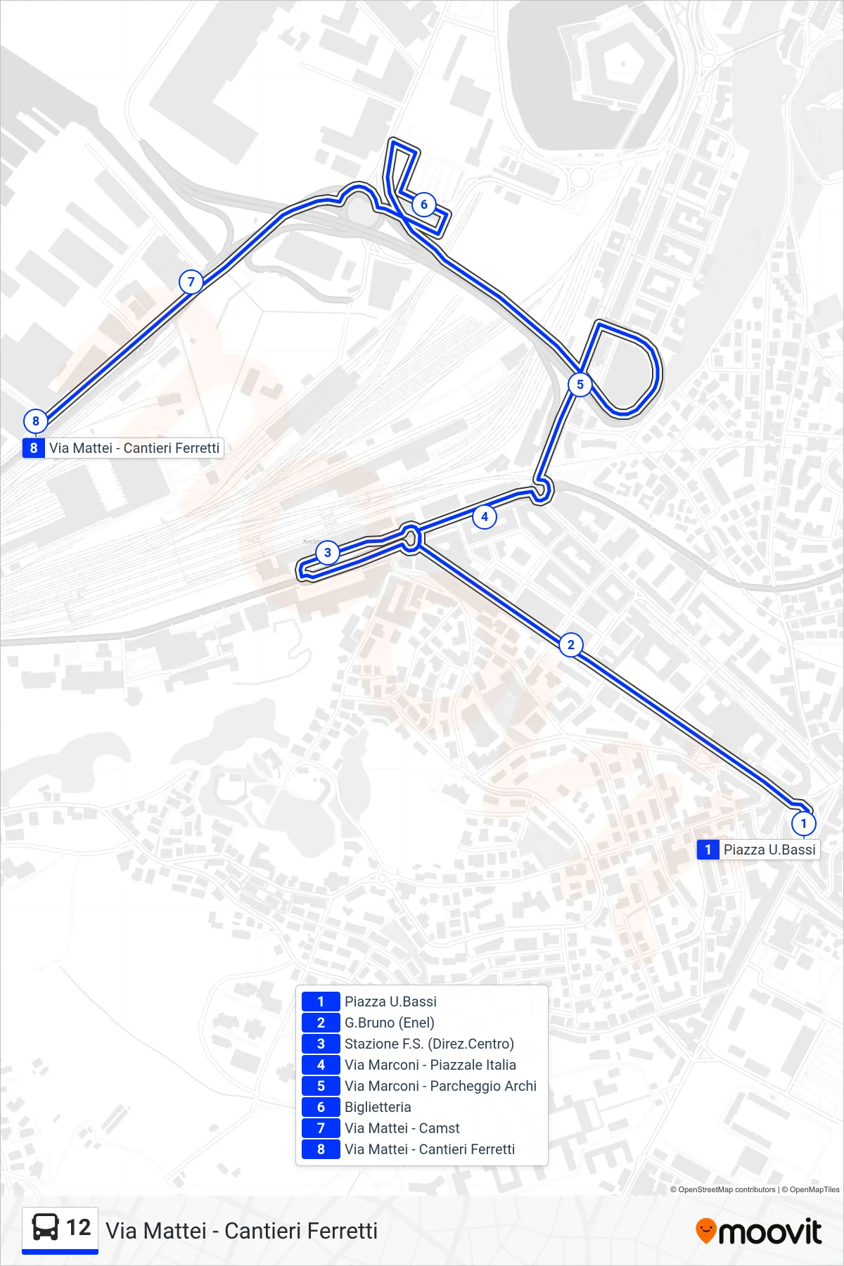 Linea 12  bus (Via Mattei - Cantieri Ferretti) - Percorsi e fermate sulla mappa