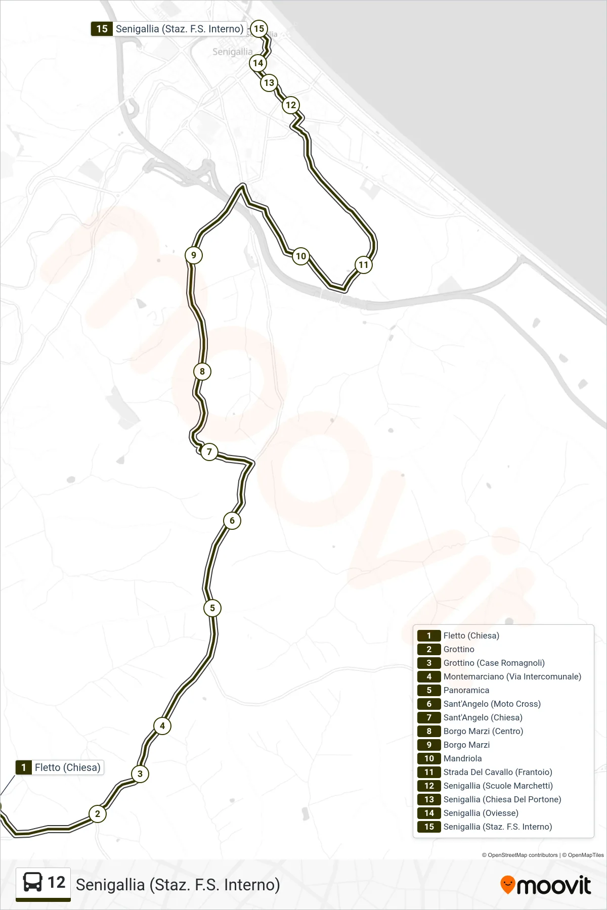 Linea 12 bus (Senigallia (Staz. F.S. Interno)) - Percorsi e fermate sulla mappa