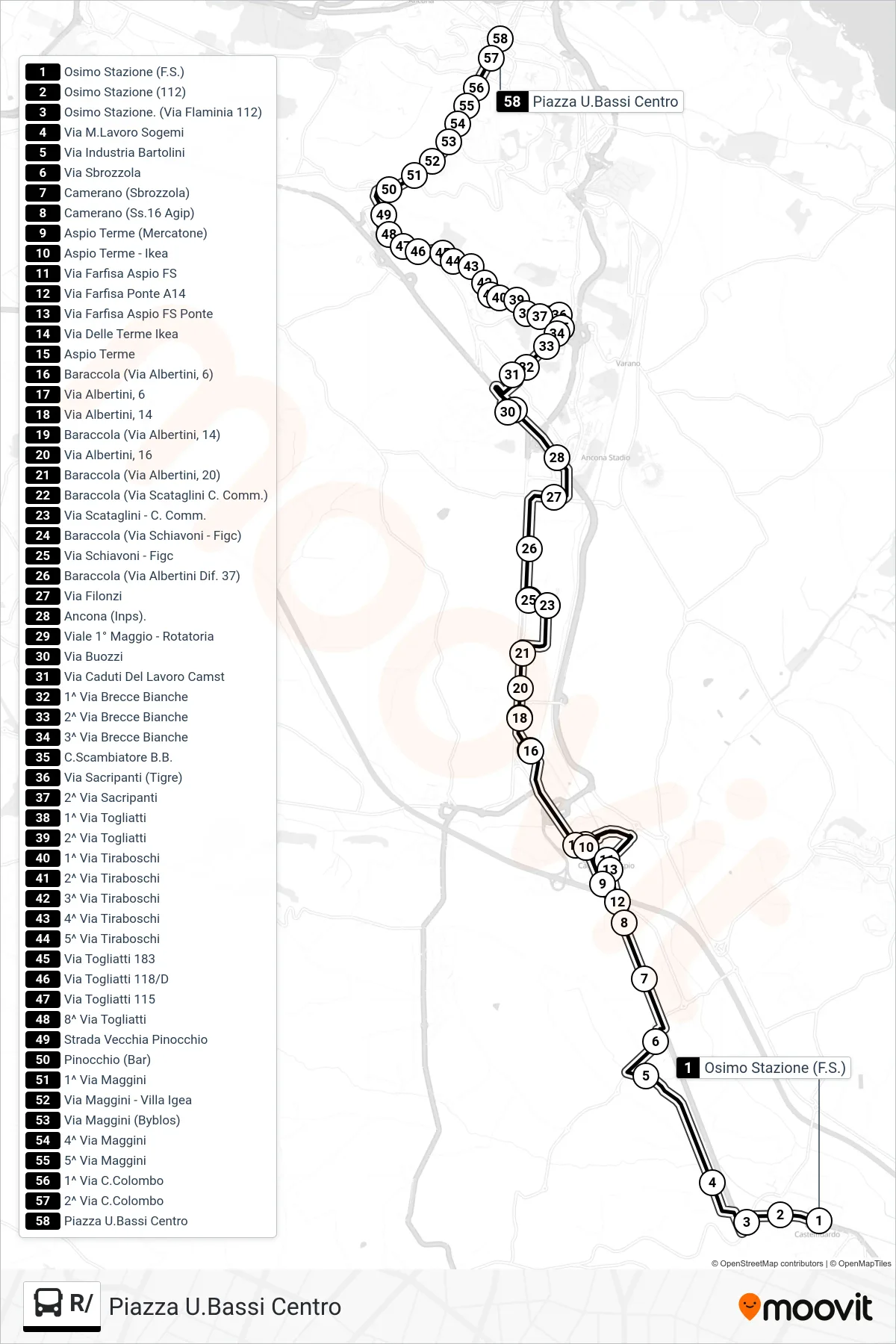 Linea R/  bus (Piazza U.Bassi Centro) - Percorsi e fermate sulla mappa