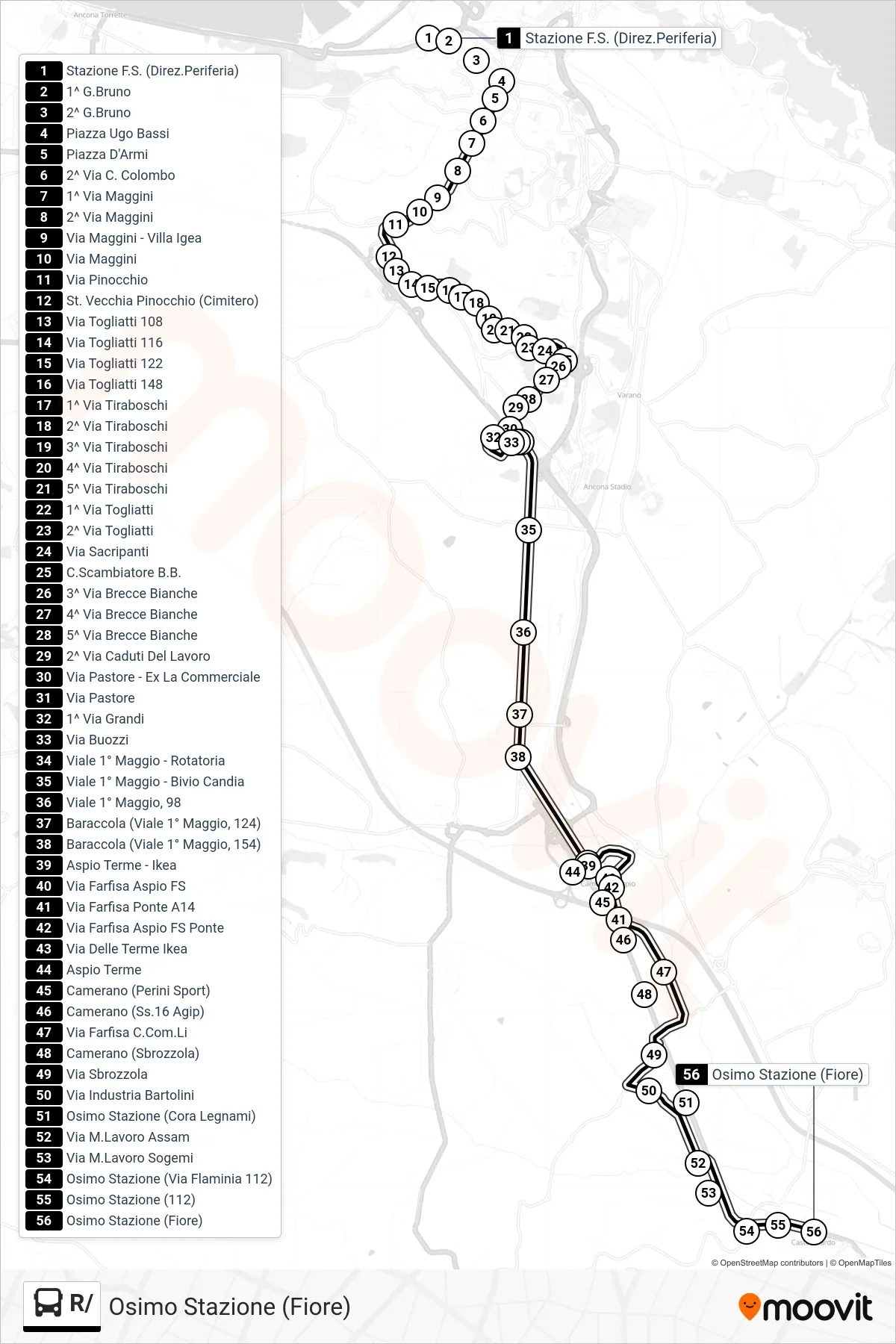 Linea R/  bus (Osimo Stazione (Fiore)) - Percorsi e fermate sulla mappa