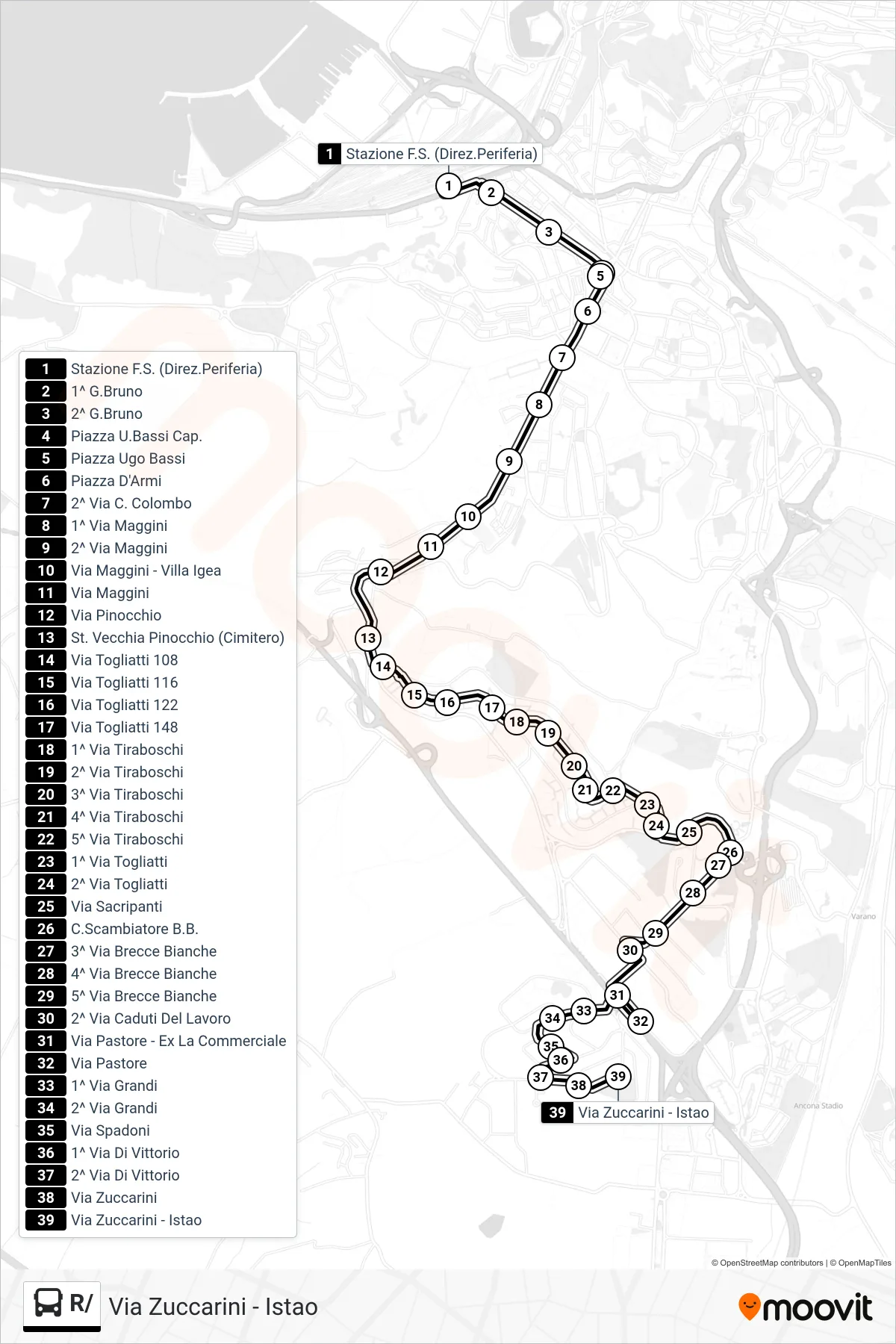 Linea R/  bus (Via Zuccarini - Istao) - Percorsi e fermate sulla mappa