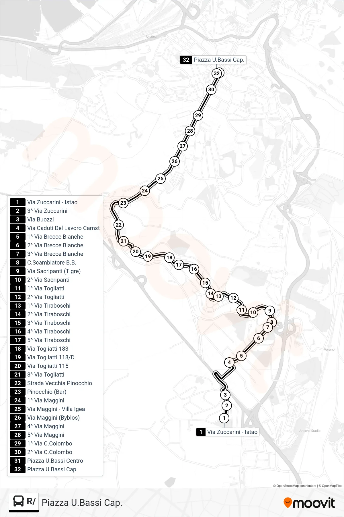 Linea R/ bus (Piazza U.Bassi Cap.) - Percorsi e fermate sulla mappa