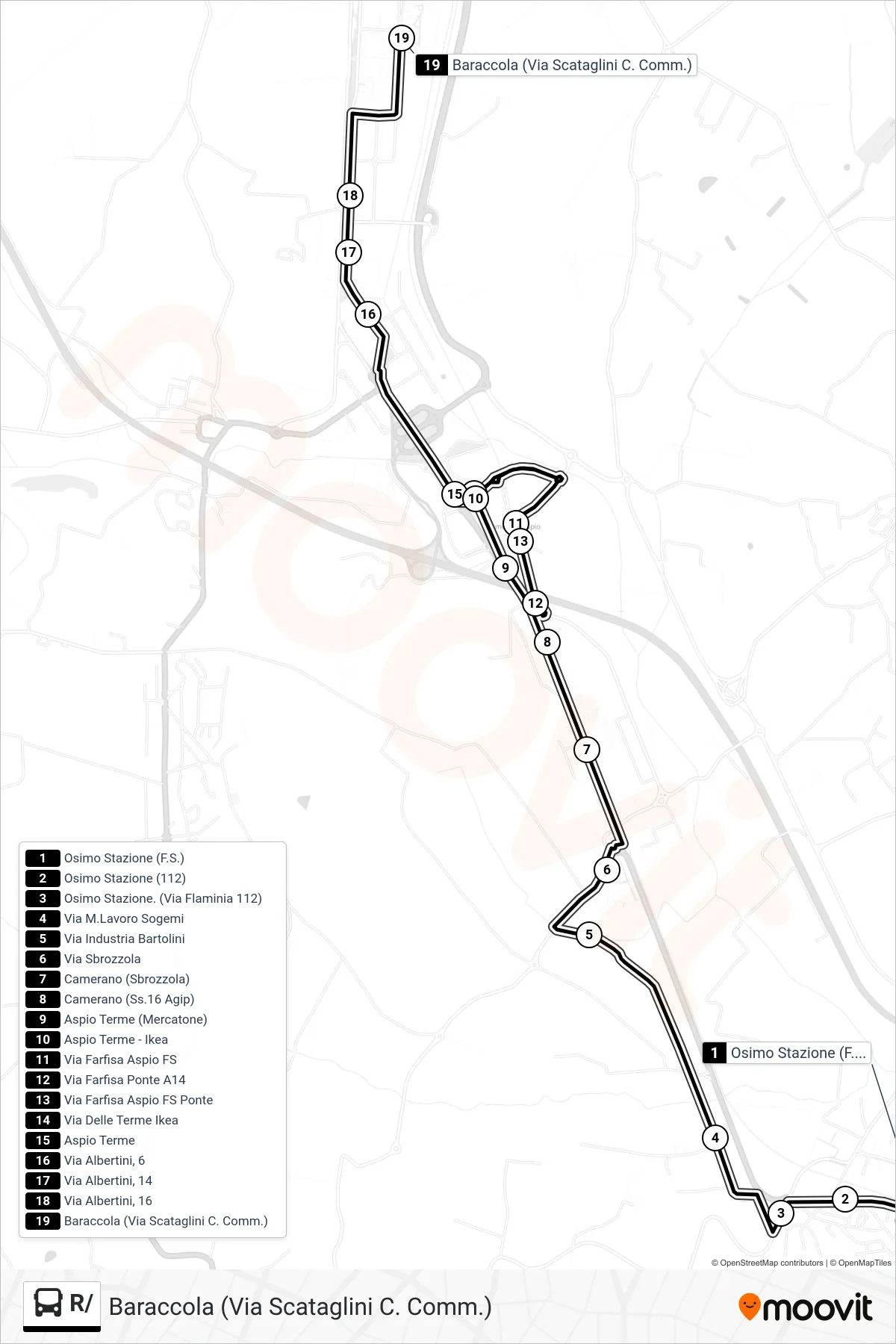 Linea R/ bus (Baraccola (Via Scataglini C. Comm.)) - Percorsi e fermate sulla mappa