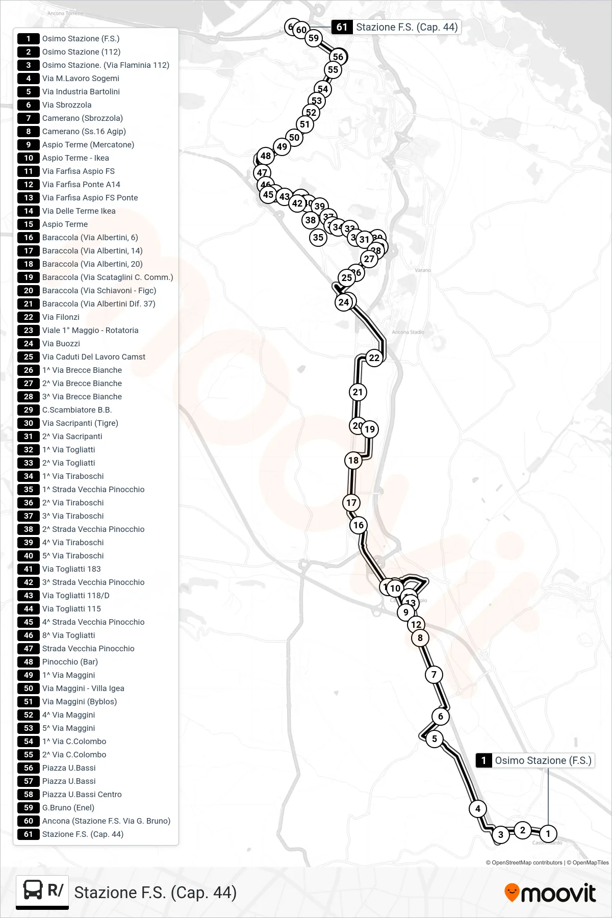 Linea R/ bus (Stazione F.S. (Cap. 44)) - Percorsi e fermate sulla mappa